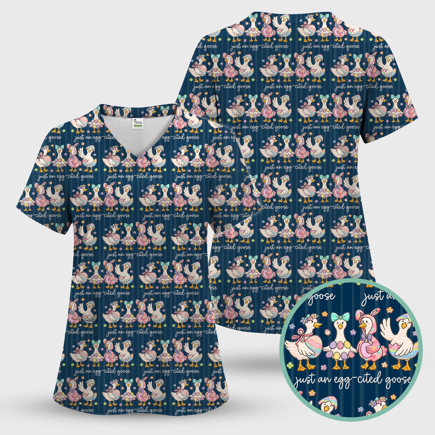 Cute Easter Goose Egg Pattern Scrubs Top, Breathable Fabrics Nursing Uniform
