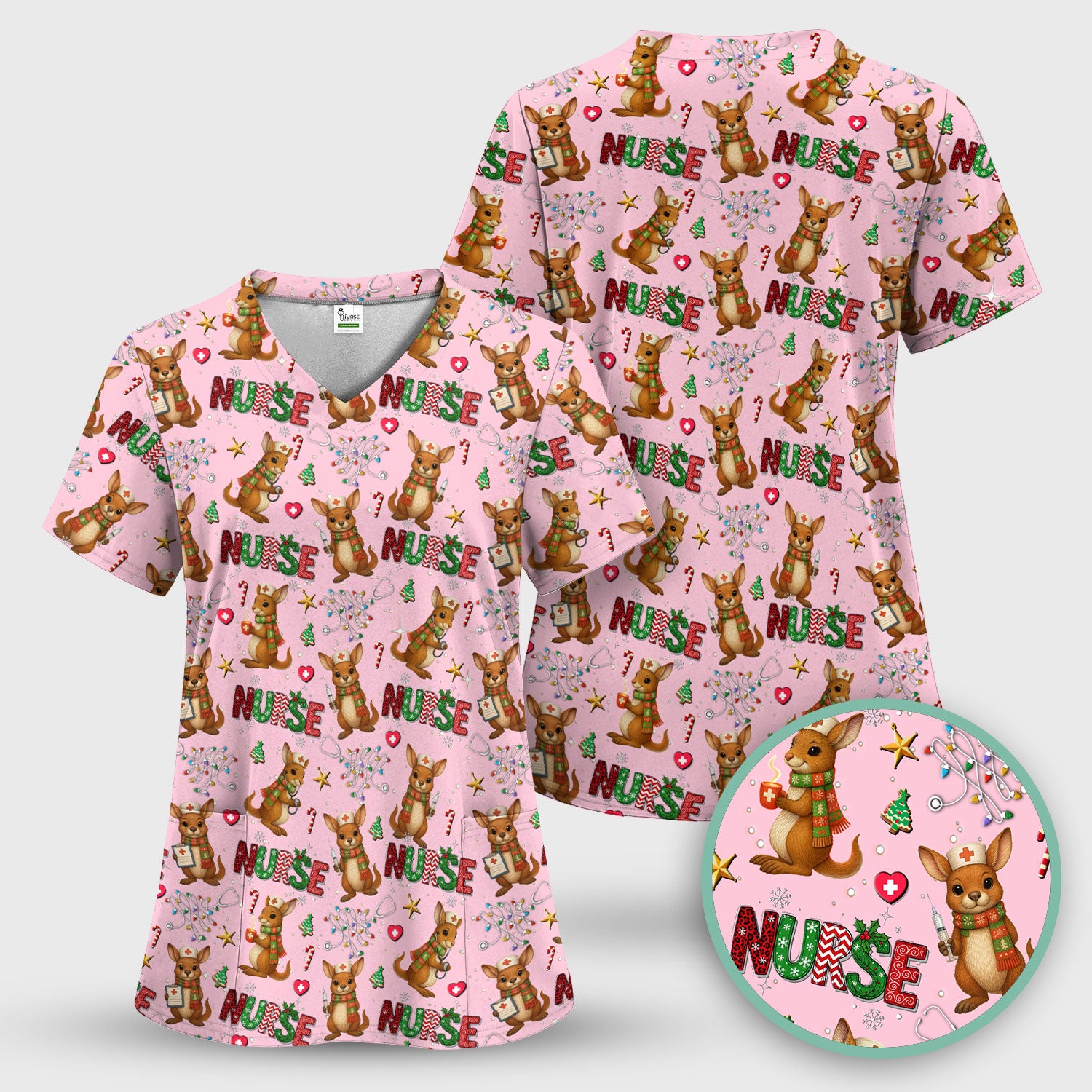 Aussie Kangaroo Christmas Scrub Top - Funny Holiday Nurse Shirt for Women - Cute Animal Medical Uniform