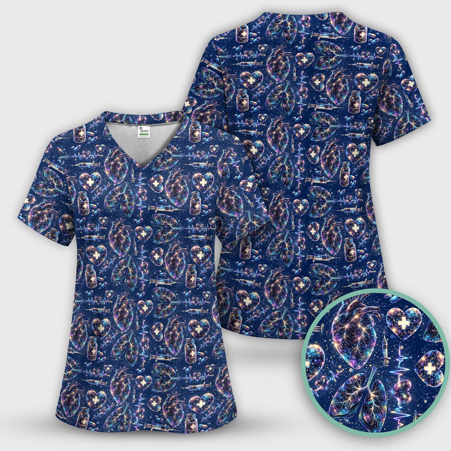 Galaxy Anatomical Heart Lung Syringe Print Scrub Top, Breathable Fabrics Nursing Uniform