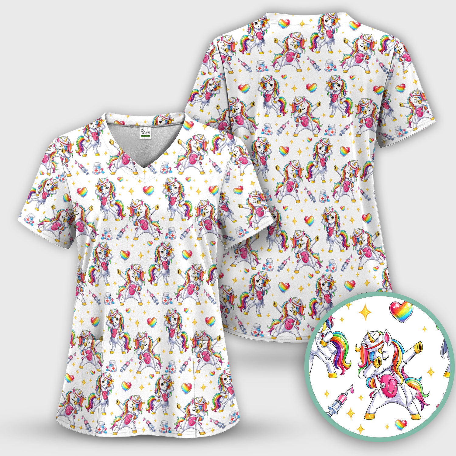 Playful Nurse Unicorn Rainbow Pattern Scrub Top, Comfortable Scrubs for Nurses