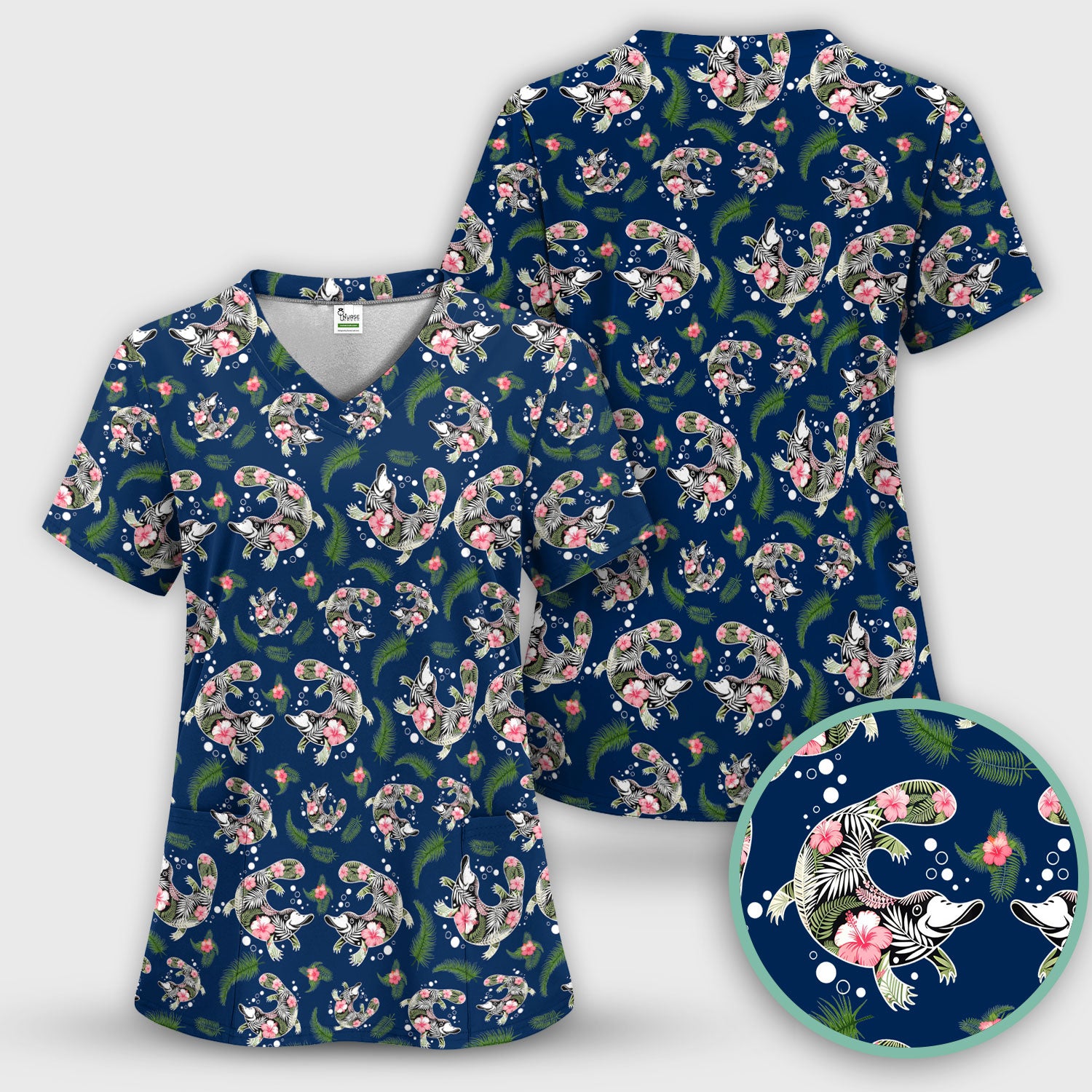 Cute Platypus Scrub Top, Tropical Floral Animal Pattern Nurse Shirt, Breathable Fabrics Nursing Uniform