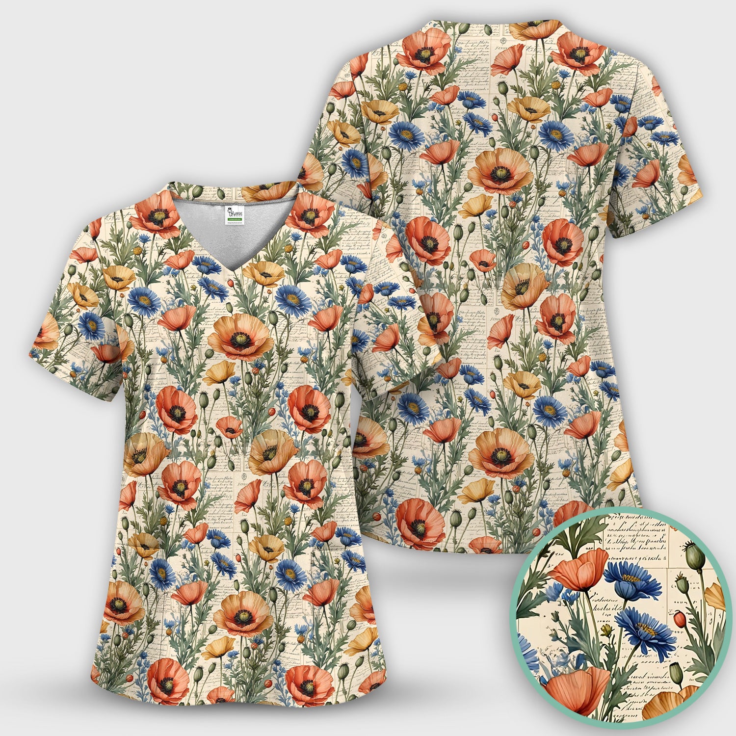 Vintage Poppy Wildflower Script Print Scrub Set, Scrub Pants and V Neck Top