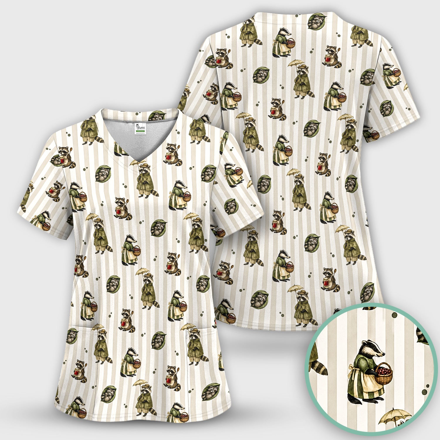 Cute Woodland Raccoon Print Scrub Set, Scrub Pants and V Neck Top