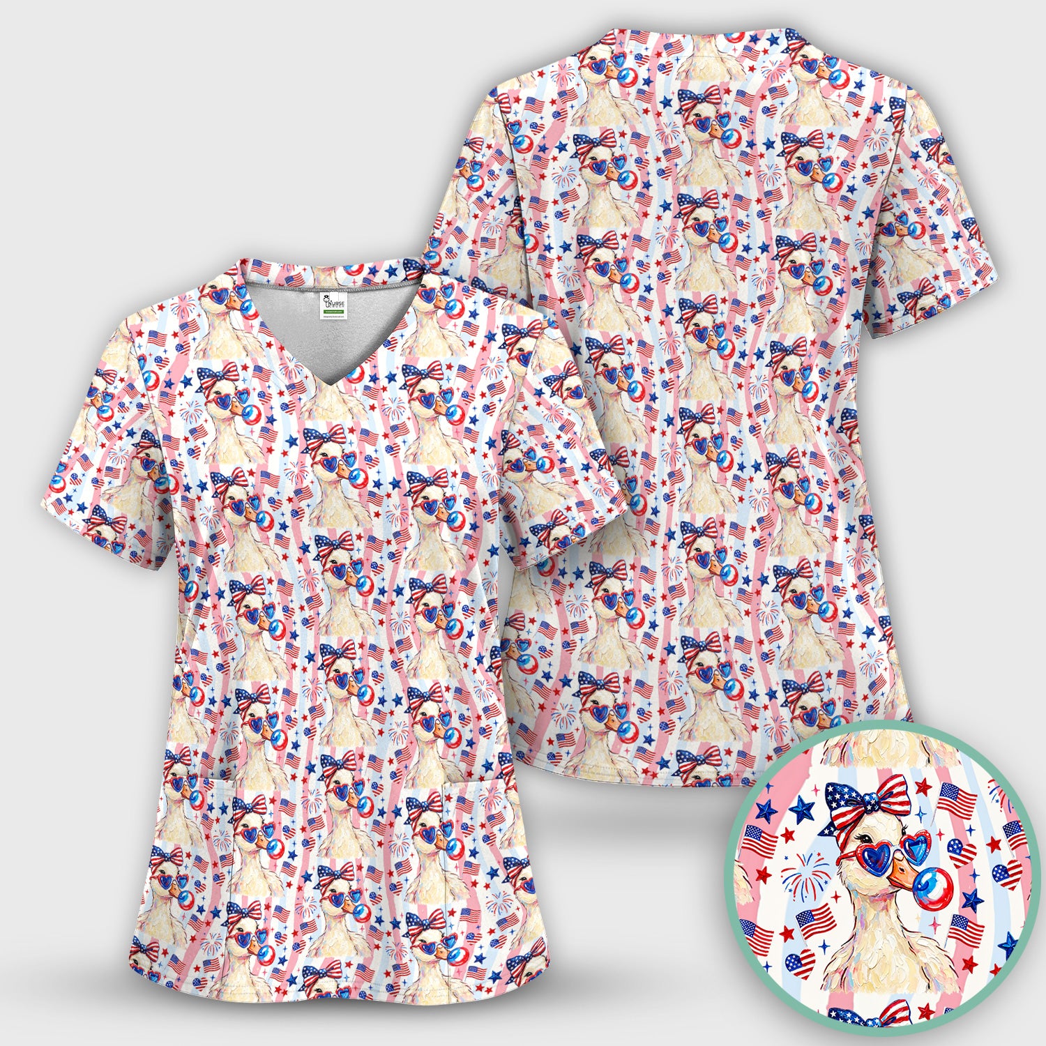 Cute Patriotic Goose Nurse Pattern Scrub Set, Scrub Pants and V Neck Top