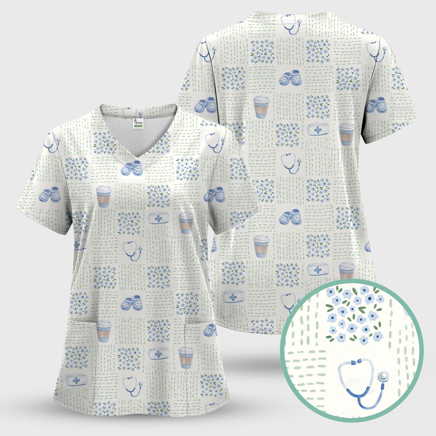 Cute Medical Essentials Pattern Scrub Set, Scrub Pants and V Neck Top