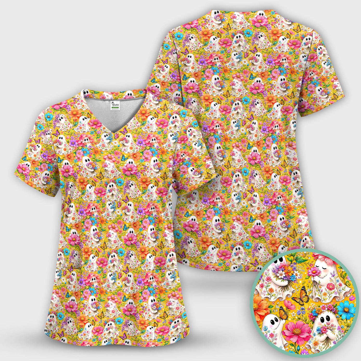 Cute Floral Ghosts And Butterflies Scrub Top, Comfortable Scrubs for Nurses