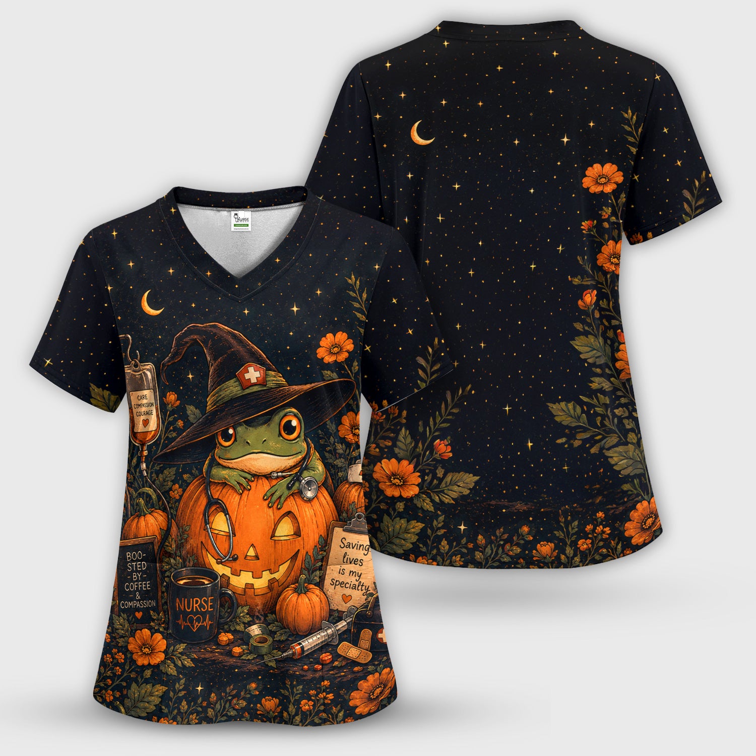 Halloween Witch Frog Pumpkin Scrub Set, Scrub Pants and V Neck Top
