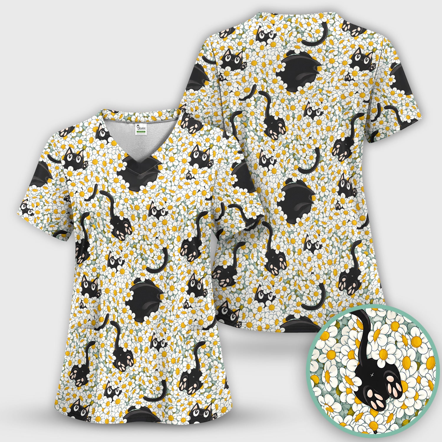 Daisy Black Cat Nurse Scrub Top for RN, CNA, Veterinary Staff, Cat Lover Uniform