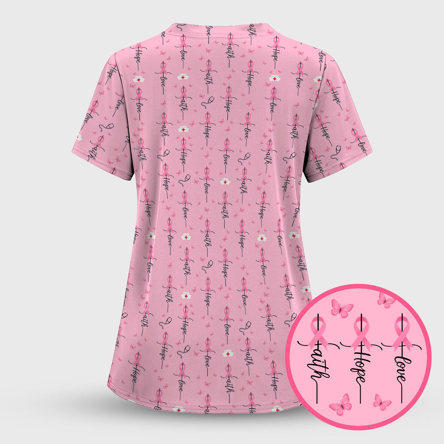 Breast Cancer Awareness Scrub Top Multi Color - Faith Hope Love Pink Ribbon Nursing Shirt - Supportive Nurse Workwear