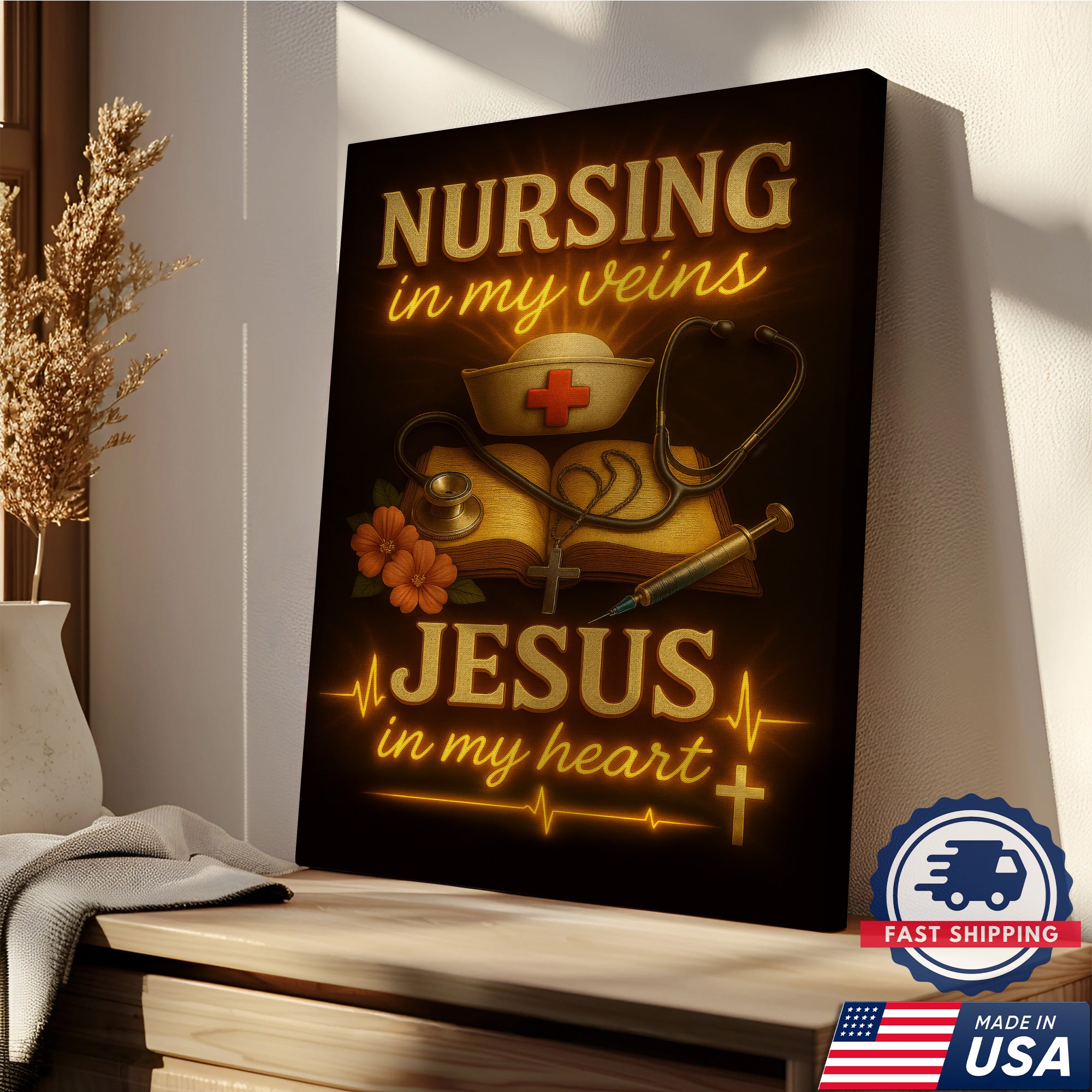 Christian Nurse Wall Art Canvas, Nursing in My Veins Jesus in My Heart, Gift for RN CNA LPN Women