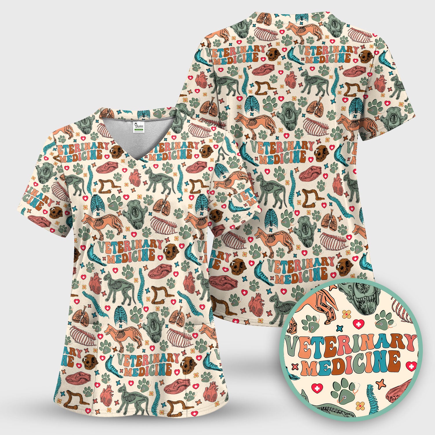 Veterinary Medicine Scrub Top - Cute Animal Anatomy Pattern Medical Shirt - Fun Vet Tech Nurse Scrubs for Women