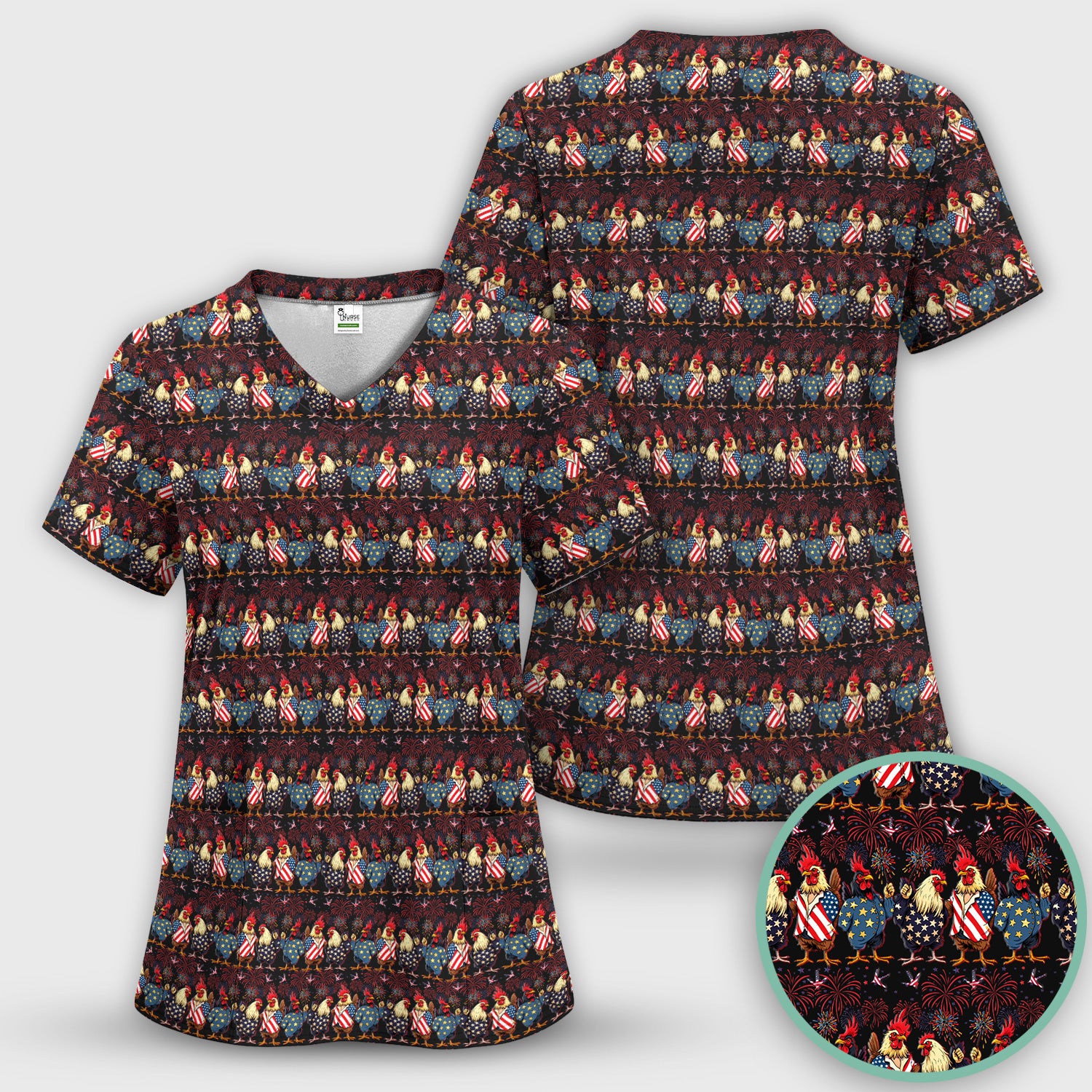 Patriotic Rooster Fireworks Pattern Scrub Set, Scrub Pants and V Neck Top