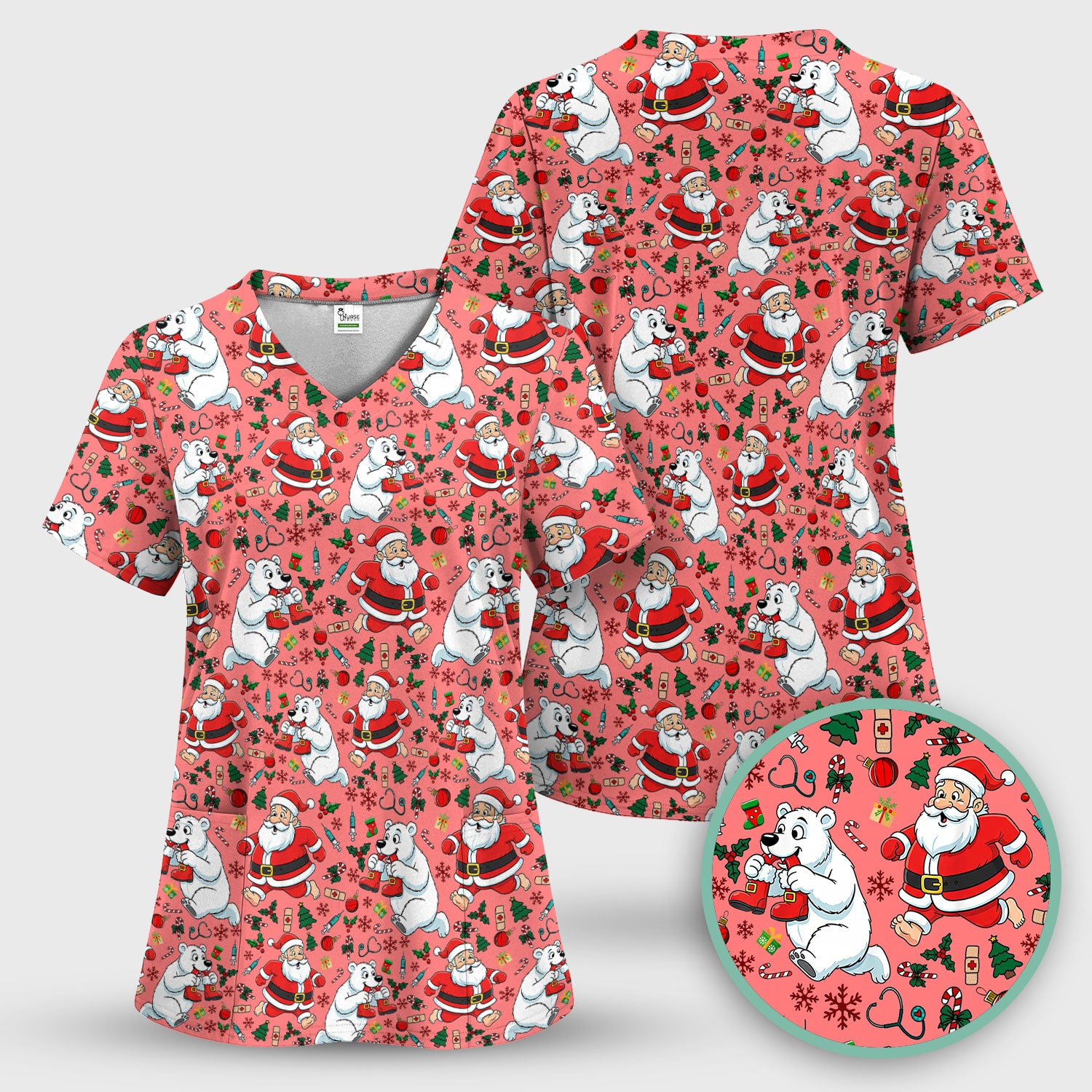 Christmas Santa & Polar Bear Scrub Top - Funny Holiday Nurse Shirt for Women - Cute Winter Medical Uniform