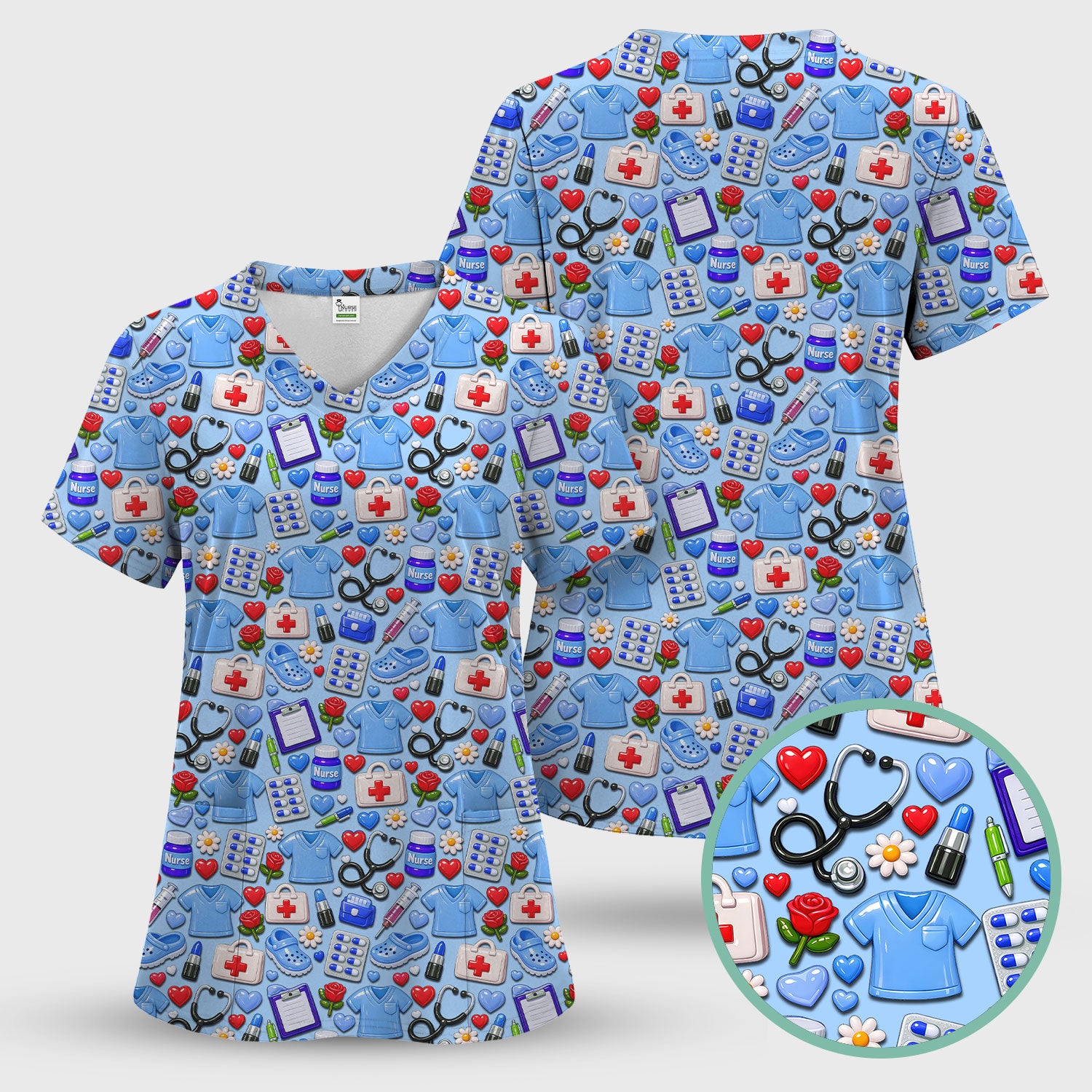 Medical Icons Scrub Set, Cute Pattern Nurse Shirt, Breathable Fabrics Nursing Uniform
