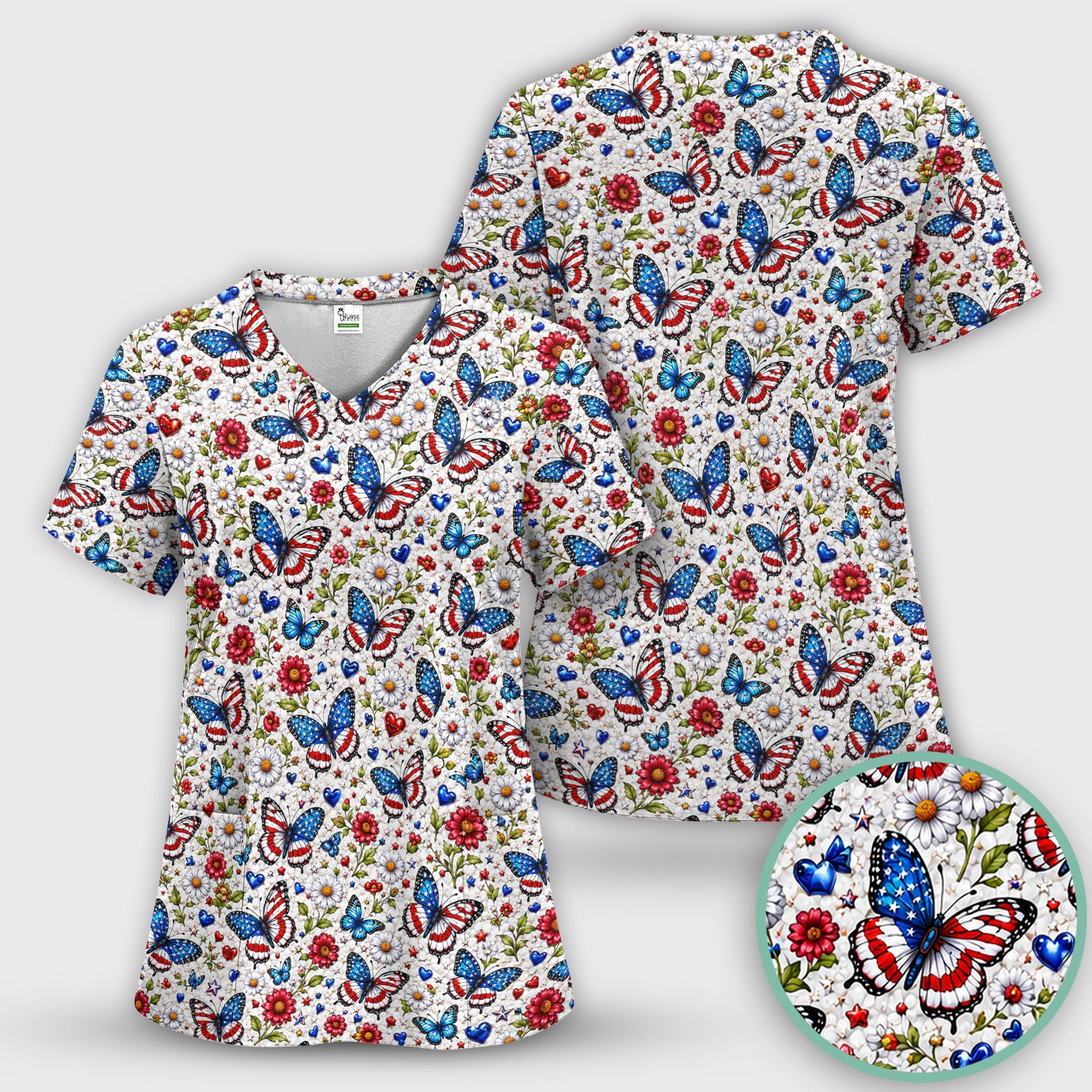 Patriotic Butterfly Daisy Heart Pattern Scrub Top, Comfortable Scrubs for Nurses