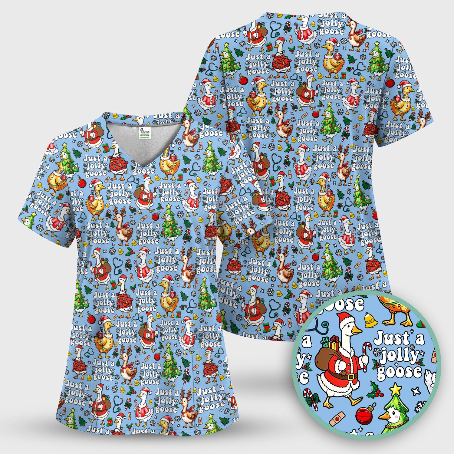 Christmas Goose Scrub Top for Nurse - Funny Jolly Holiday Medical Shirt for Women