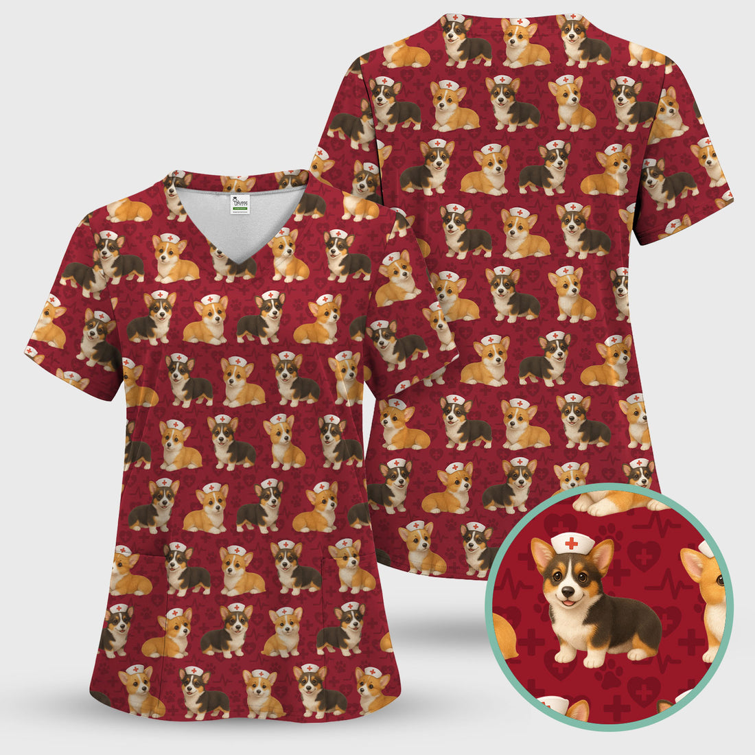 Christmas Corgi Scrubs for Women - Cute Dog Pattern Medical Scrub Top - Festive Holiday Christmas Scrubs with Adorable Corgi Design