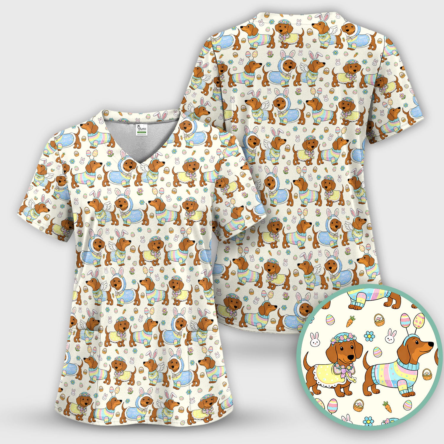 Easter Dachshund Bunny Print Scrub Top, Breathable Fabrics Nursing Uniform