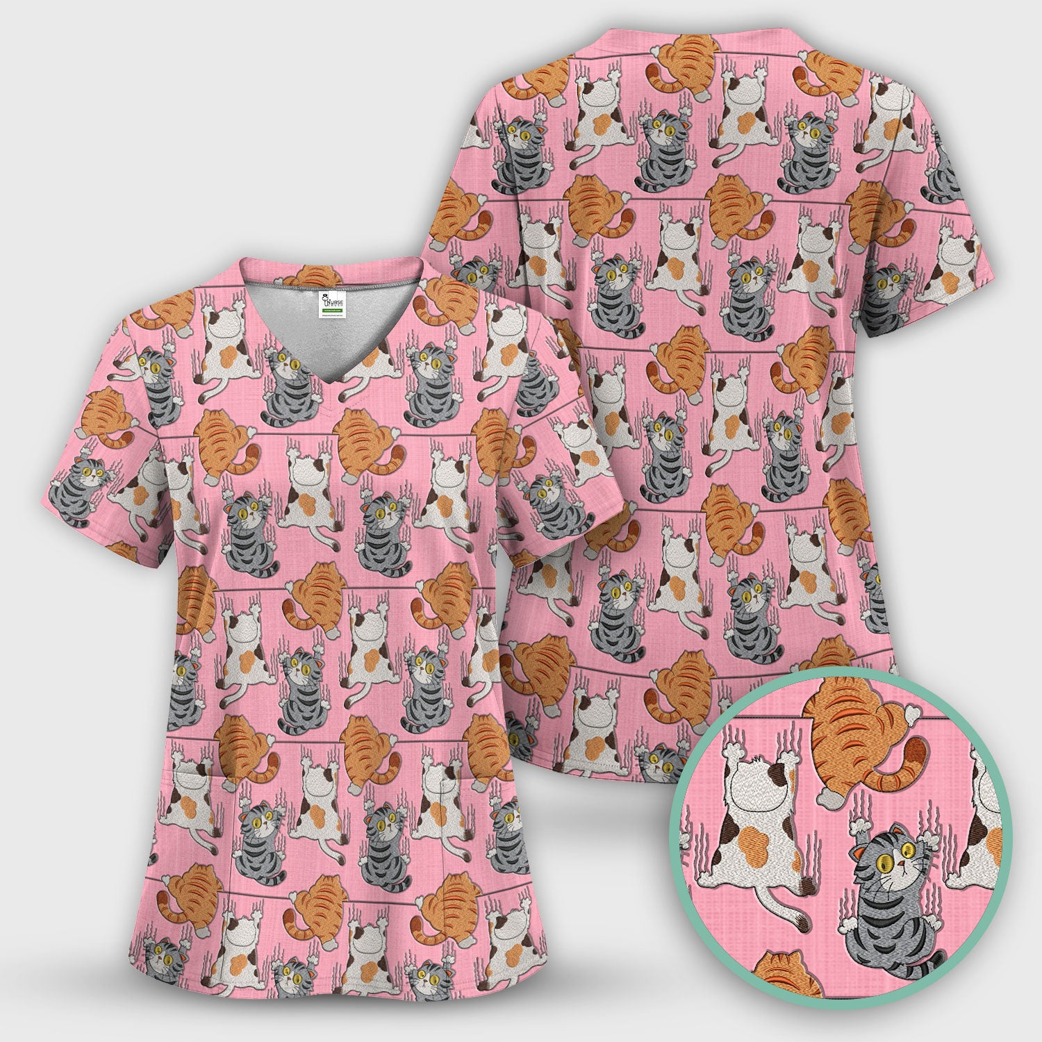 Cute Cat Pattern Nurse Scrub Top, Cats Medical Pattern Shirt, Breathable Fabrics Nursing Uniform