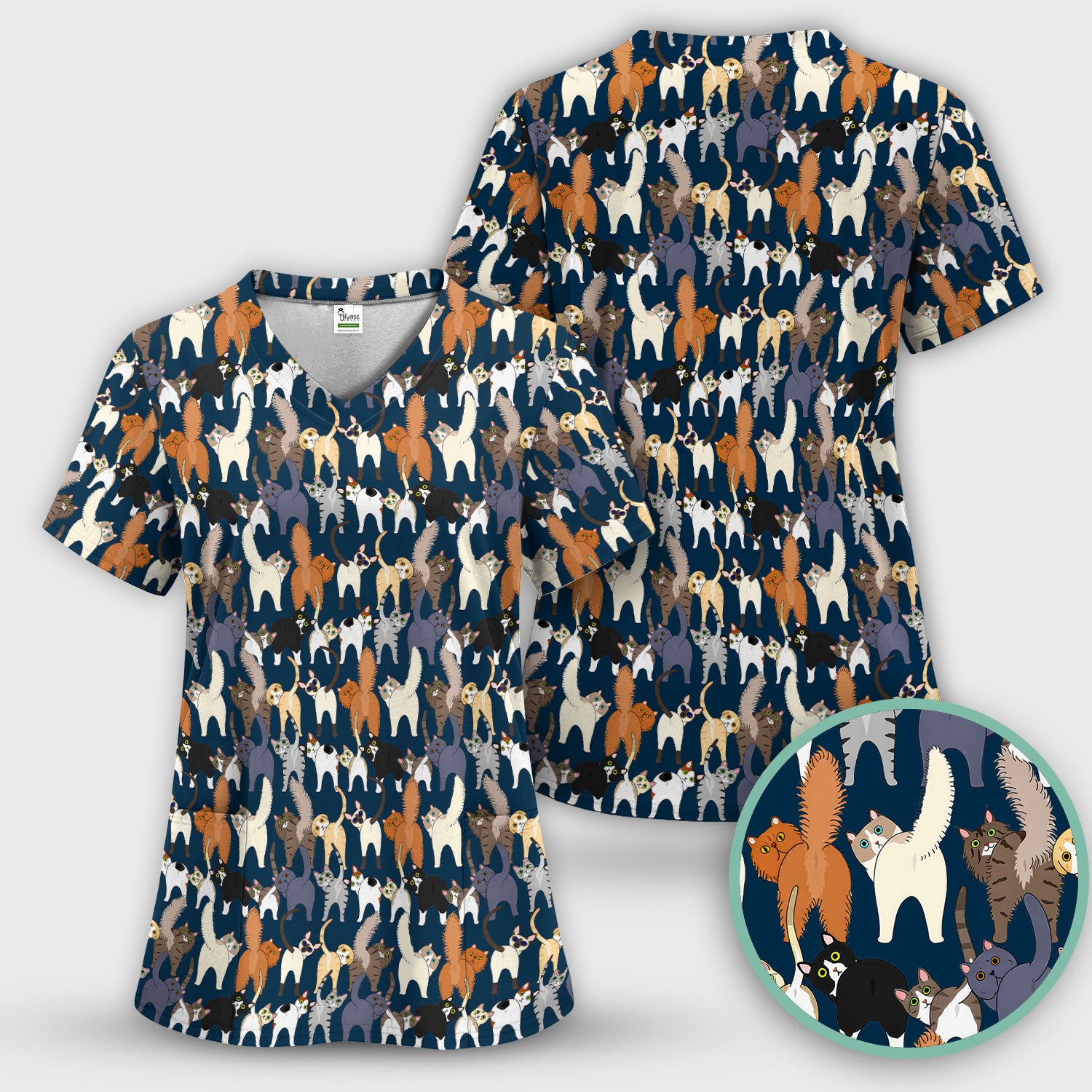 Whimsical Multicolor Cat Cartoon Pattern Scrub Top, Comfortable Scrubs for Nurses