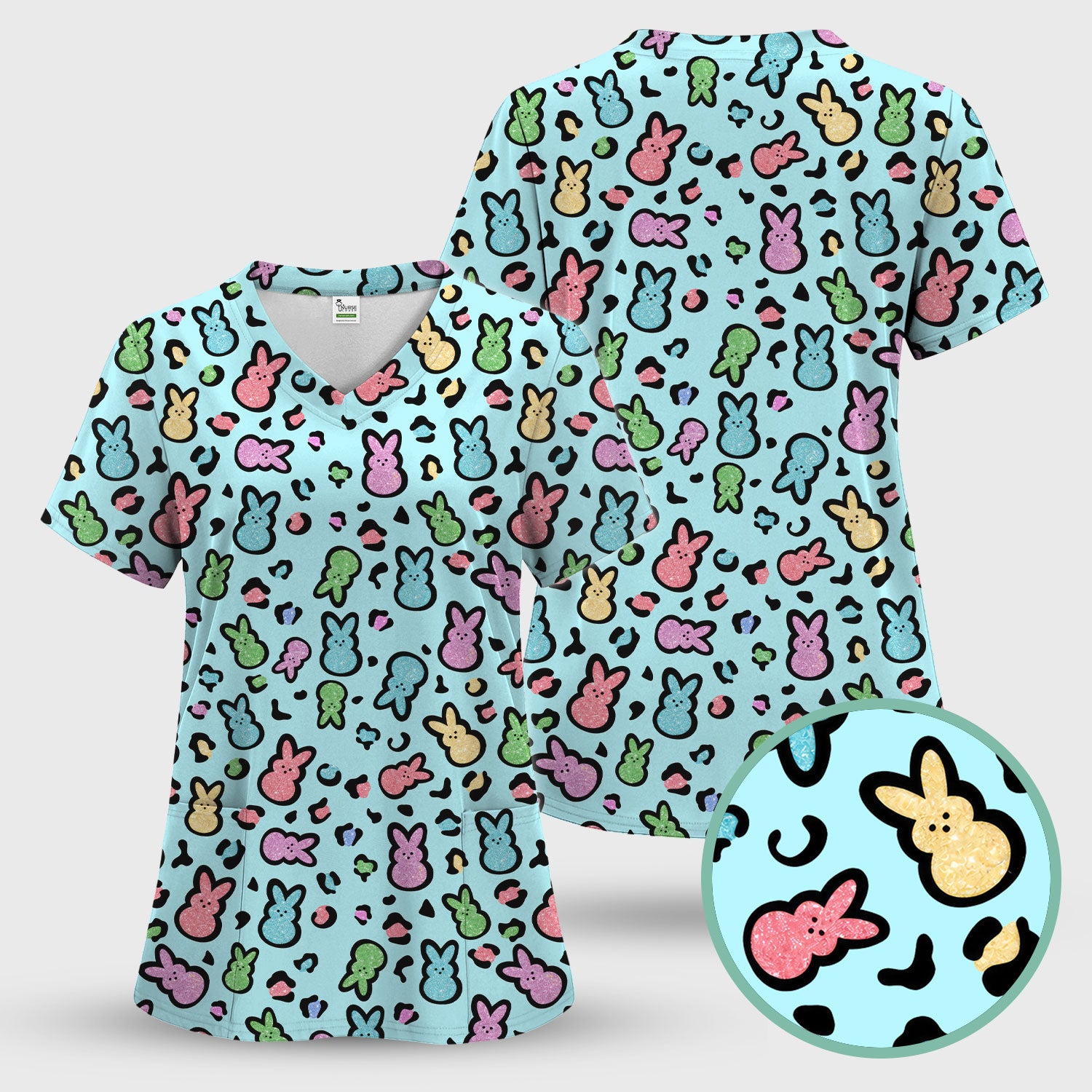 Cute Easter Bunny Pastel Pattern Scrub Set, Scrub Pants and V Neck Top