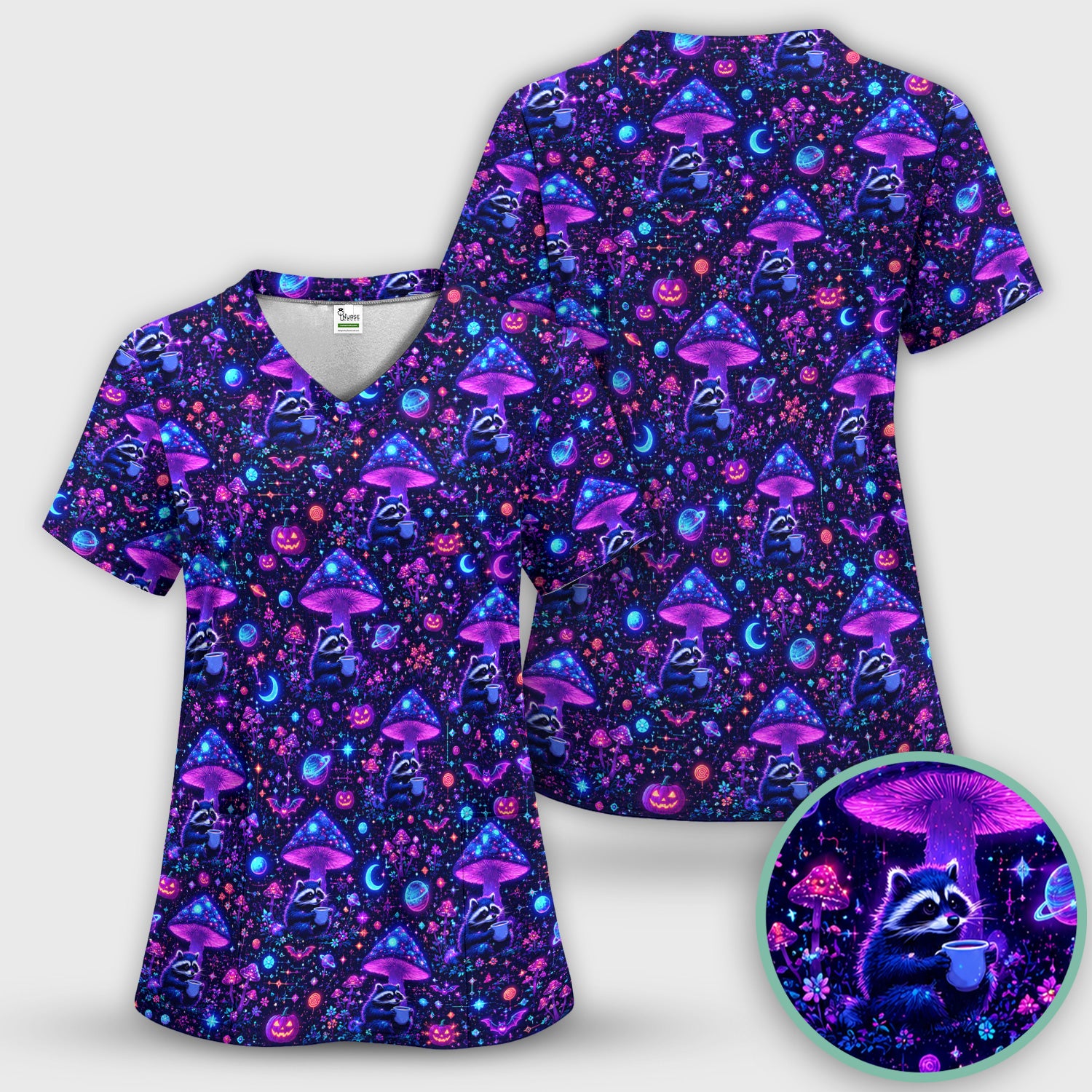 Halloween Raccoon And Mushrooms Scrub Top, Comfortable Scrubs for Nurses