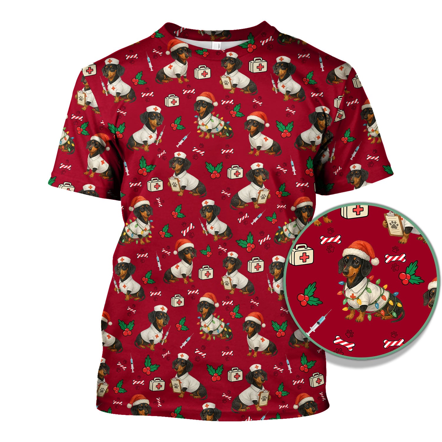 Christmas Dachshund Nurse Scrub Top - Funny Dachshund Dog Scrub Shirt Multi Color - Cute Holiday Nursing Work Shirt for Women