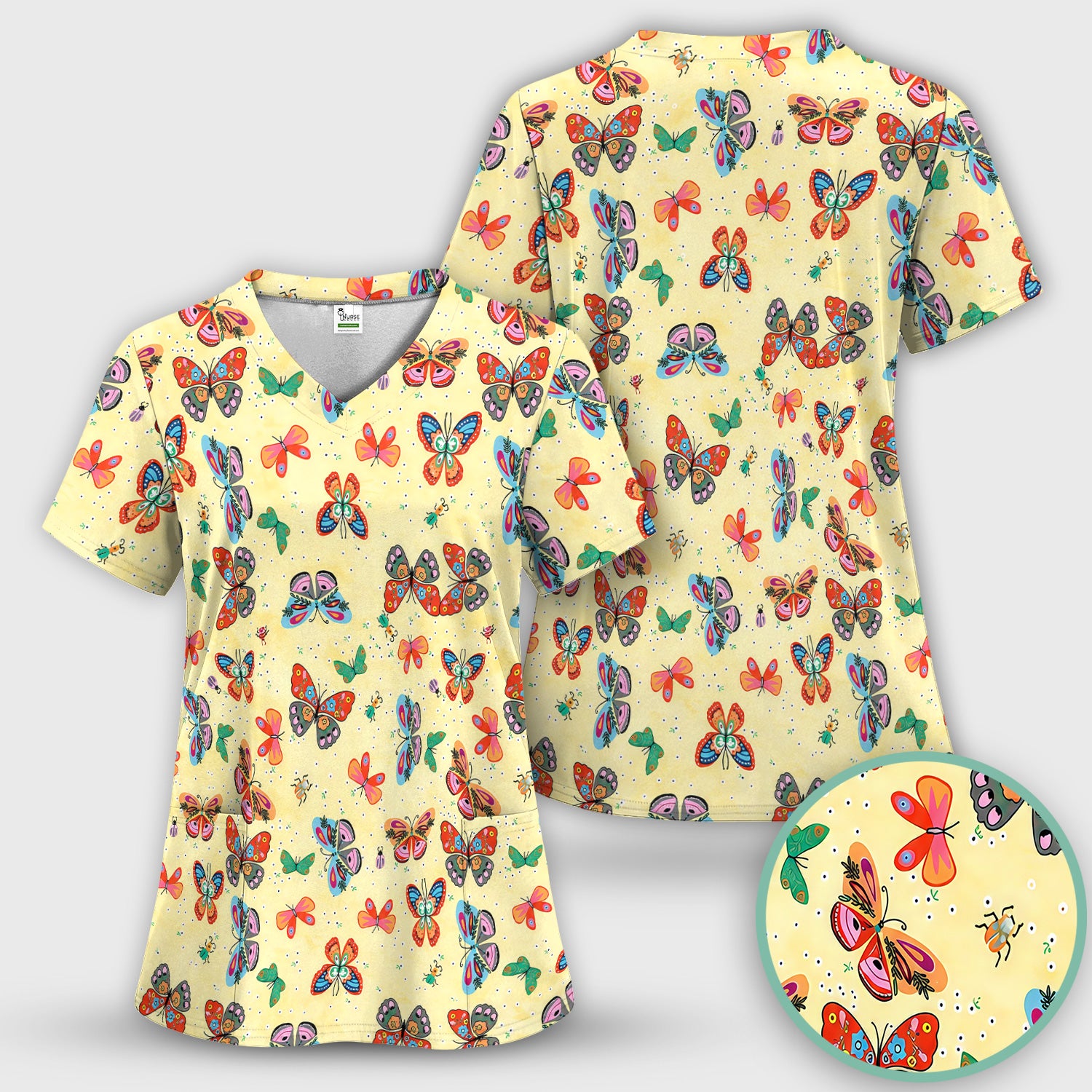 Colorful Butterfly Garden Pattern Scrub Top, Breathable Fabrics Nursing Uniform
