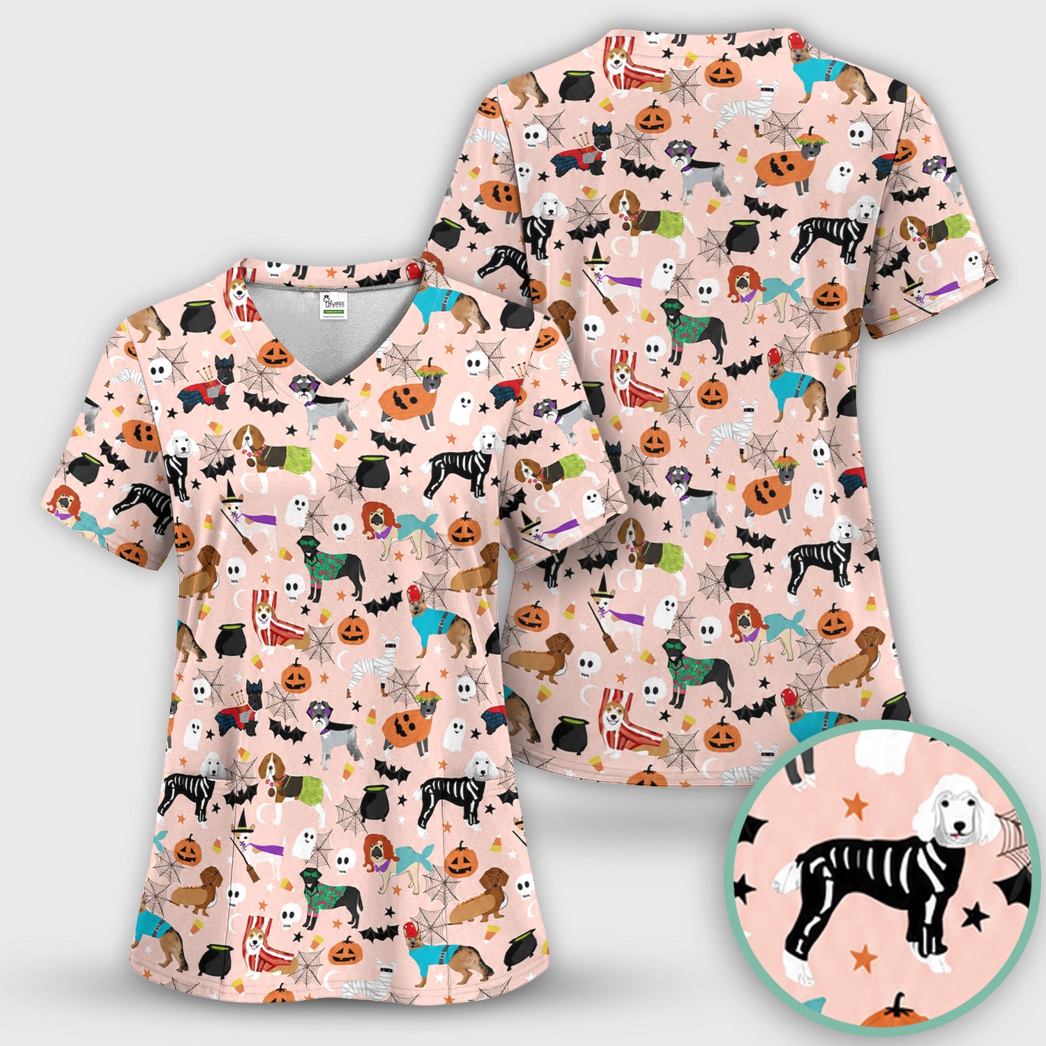 Halloween Costume Dogs Scrub Top, Comfortable Scrubs for Nurses