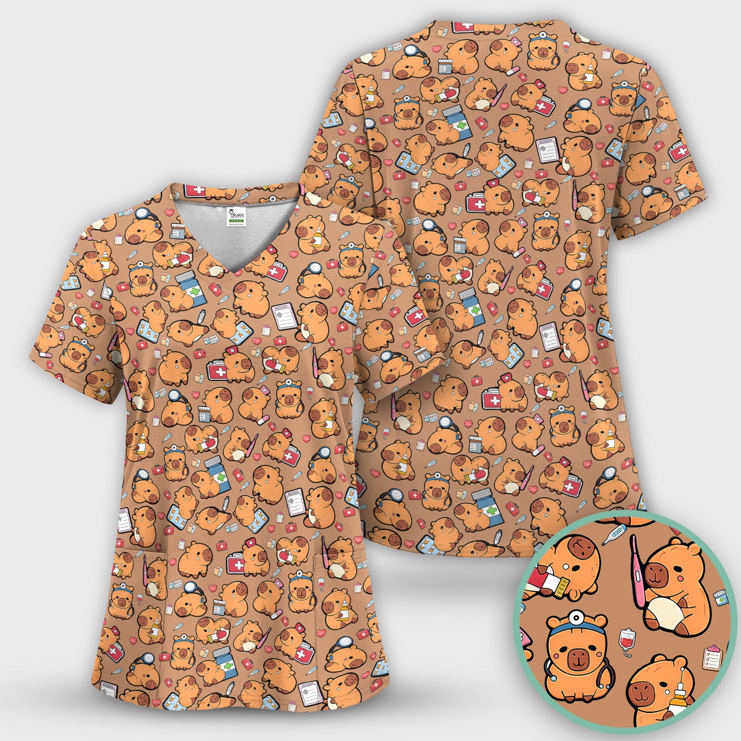 Capybara With Stethoscope And Medical Tools Seamless Scrub Set, Breathable Med Uniform