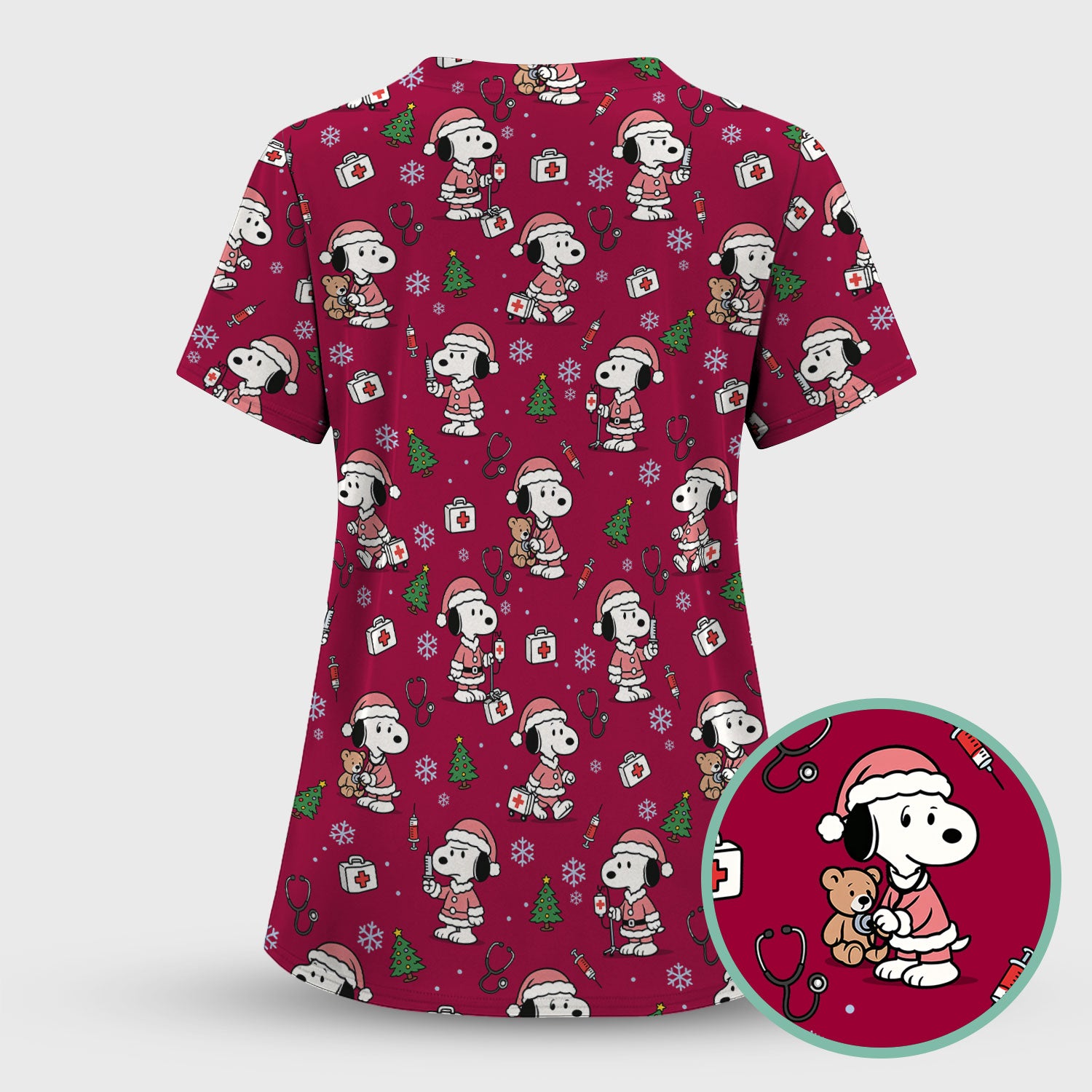 Snoopy Christmas Nurse Scrub Top for Women - Cute Cartoon Holiday Medical Uniform with Pockets - Nursing Gift for RN CNA LPN