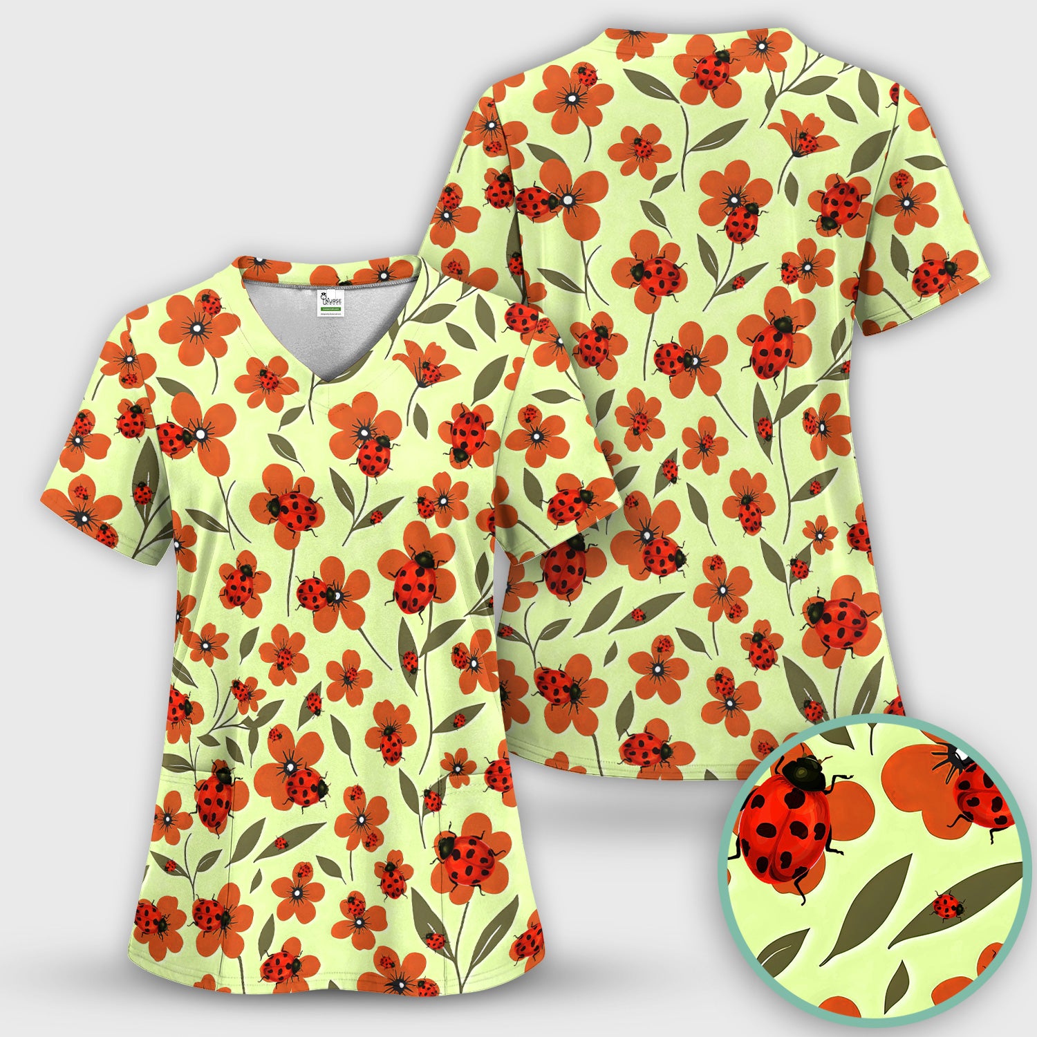 Ladybug on Orange Floral Garden Pattern Scrub Top, Comfortable Scrubs for Nurses