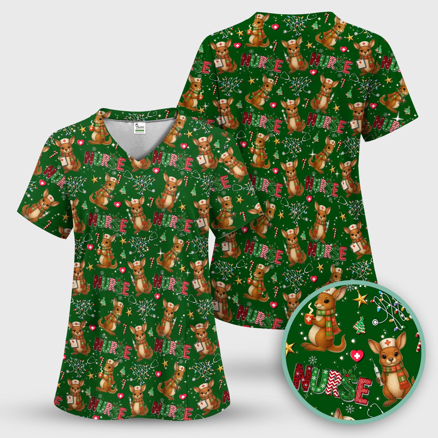 Christmas Kangaroo Nurse Scrub Top - Cute Aussie Holiday Medical Uniform - Funny Xmas Scrubs for Women