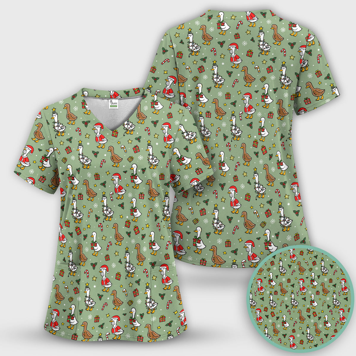 Christmas Geese In Festive Costumes Scrub Set, Scrub Pants and V Neck Top