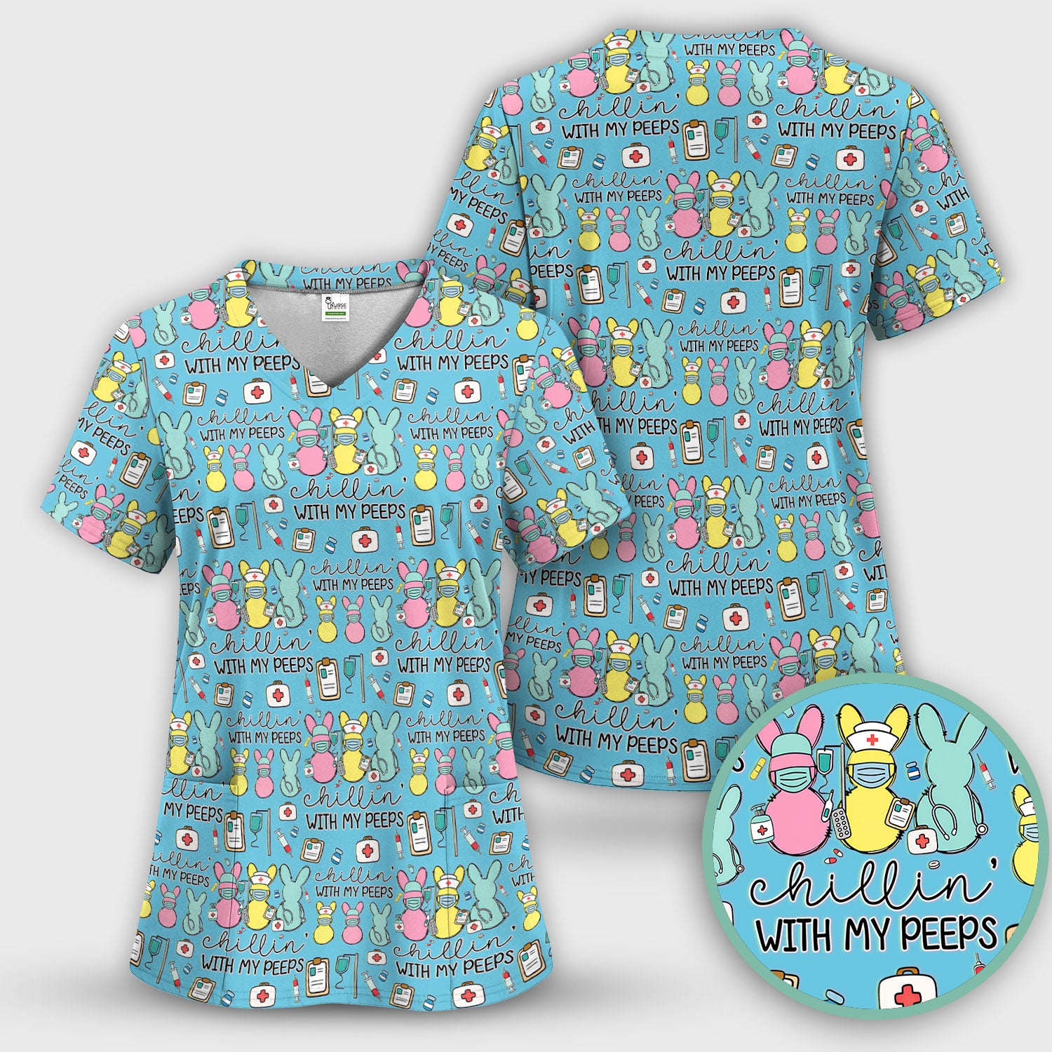 Cute Bunny Nurse Chillin With My Peeps Scrub Top, Comfortable Scrubs for Nurses, Easter