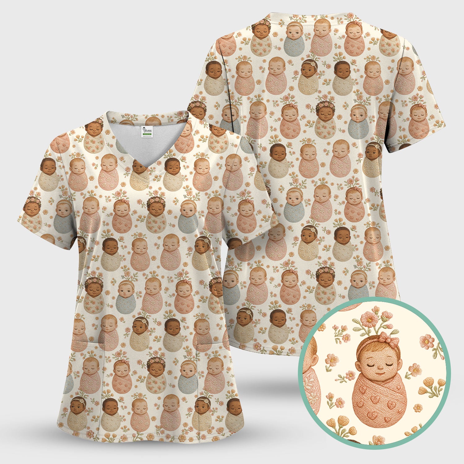 Sweet Newborn Baby Floral Print Nurse Scrub Top, Comfortable Scrubs for Nurses