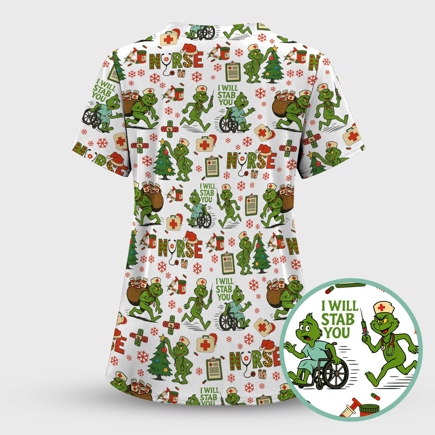 Christmas Nurse Scrub Shirt - Funny Grinch Scrub Top for Women Multi Color - Holiday Nursing Work Shirt with Pockets