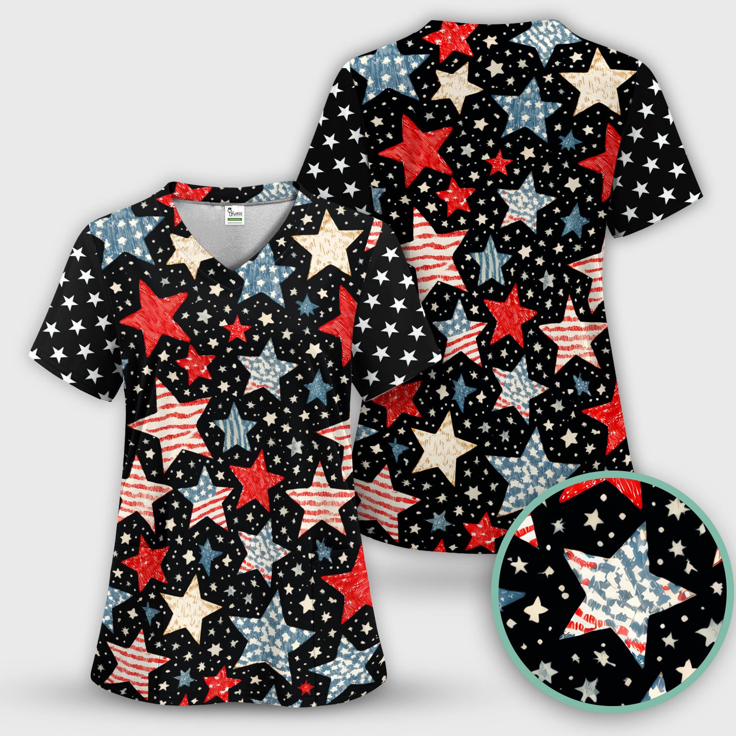 Patriotic Star Pattern Women's Scrub Set, Scrub Pants and V Neck Top
