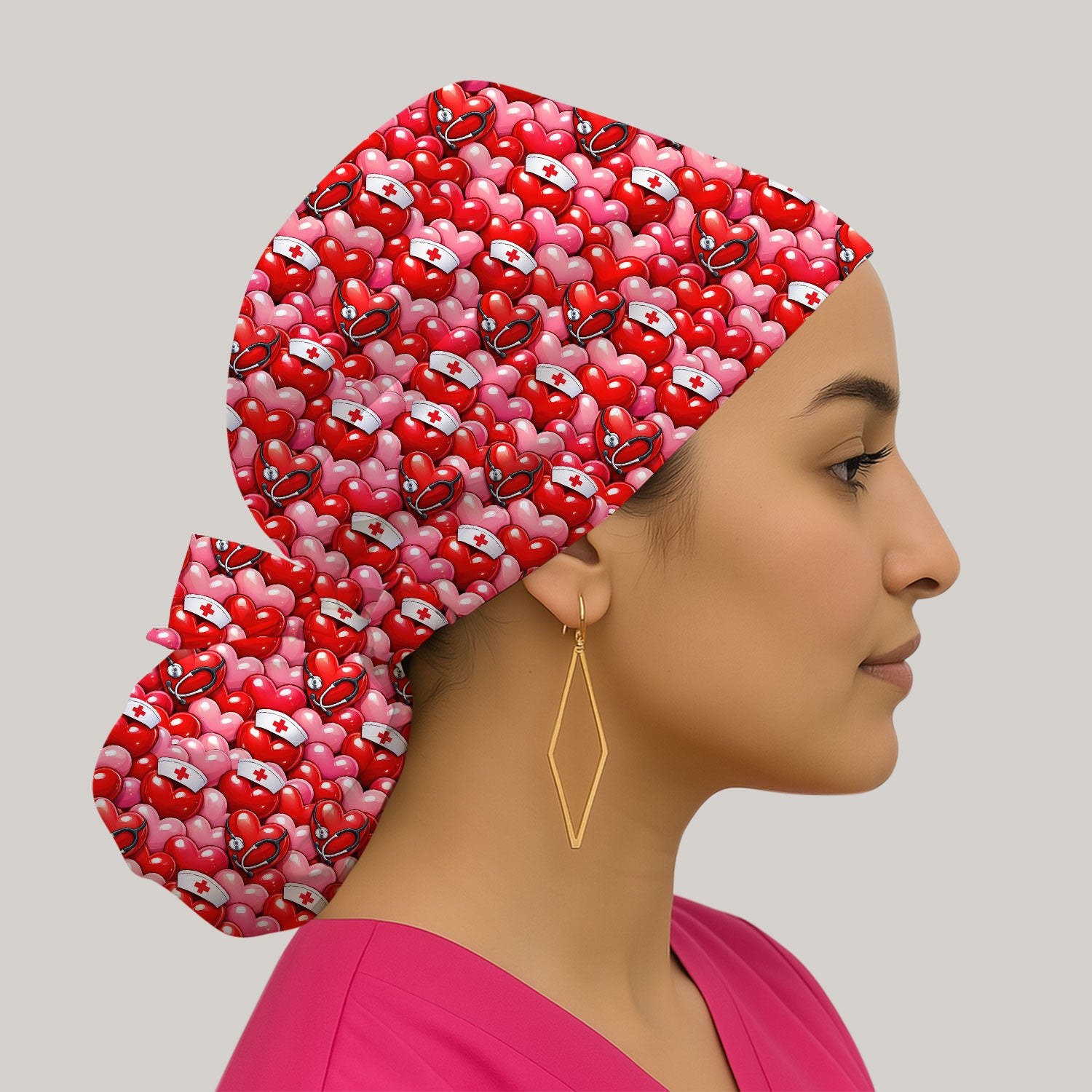 Valentine Pattern Nurse Scrub Cap, Heart With Stethoscope Love Medical Hat For Women, Breathable Fabrics Nursing Uniform