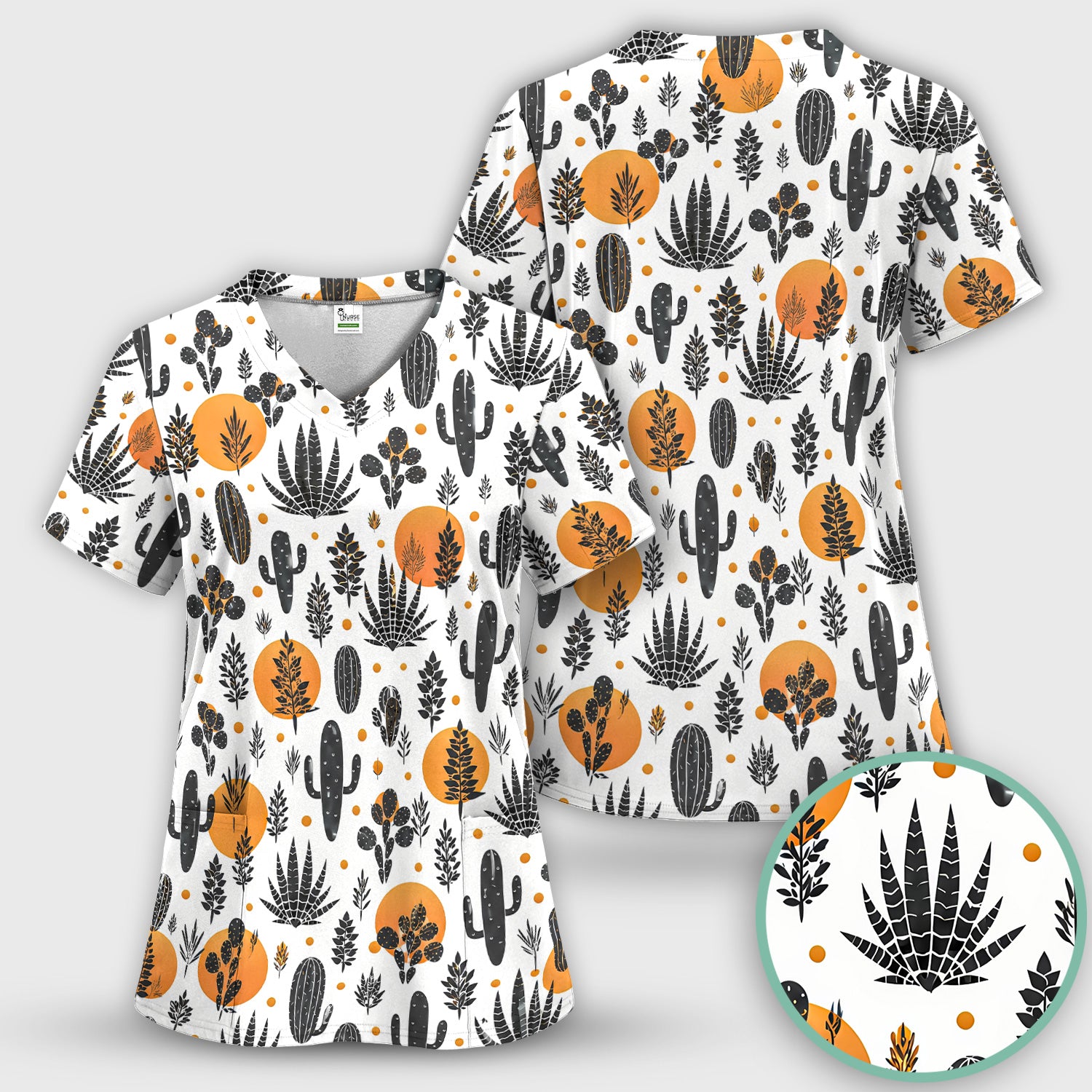 Desert Cactus Orange Sun Pattern Scrub Top, Comfortable Scrubs for Nurses