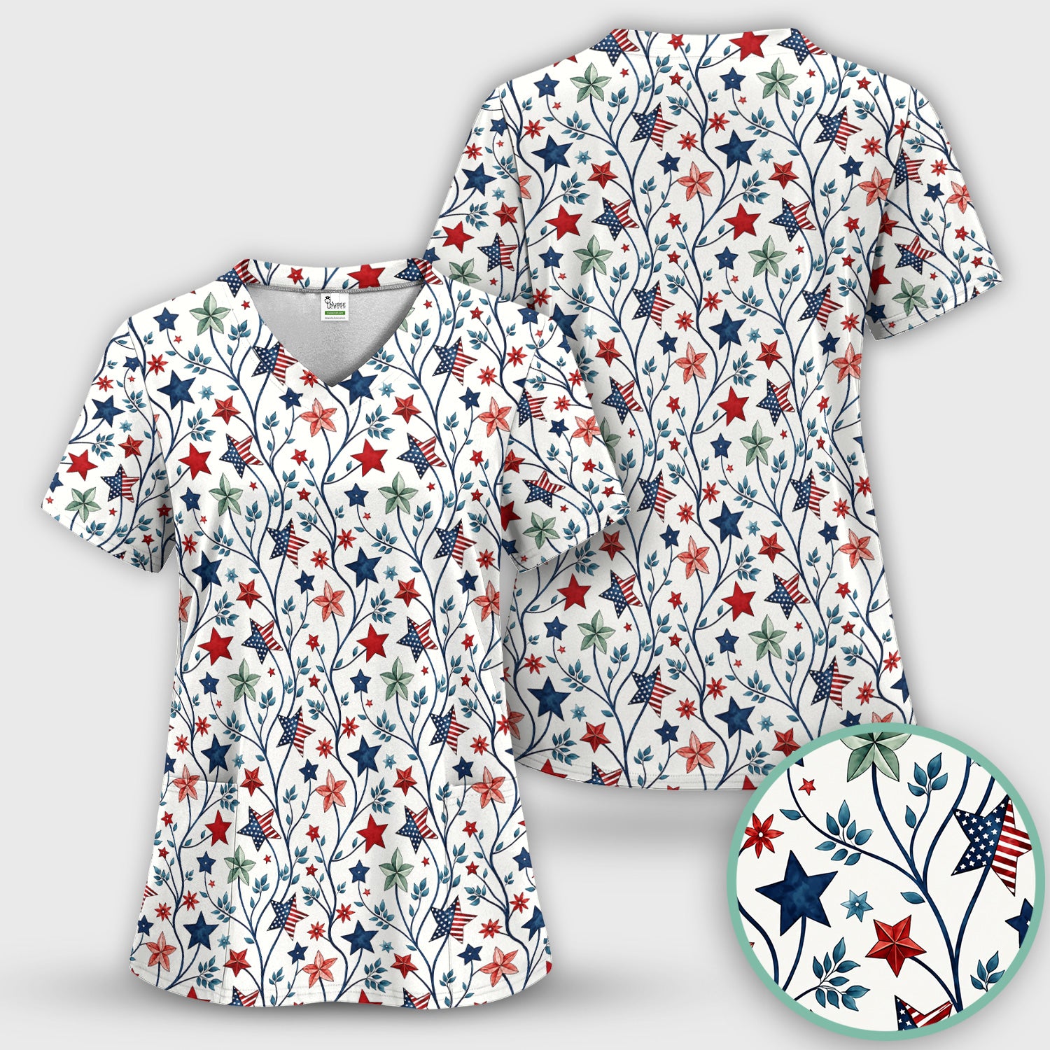 Patriotic Star Vine Floral Print Scrub Top, Comfortable Scrubs for Nurses