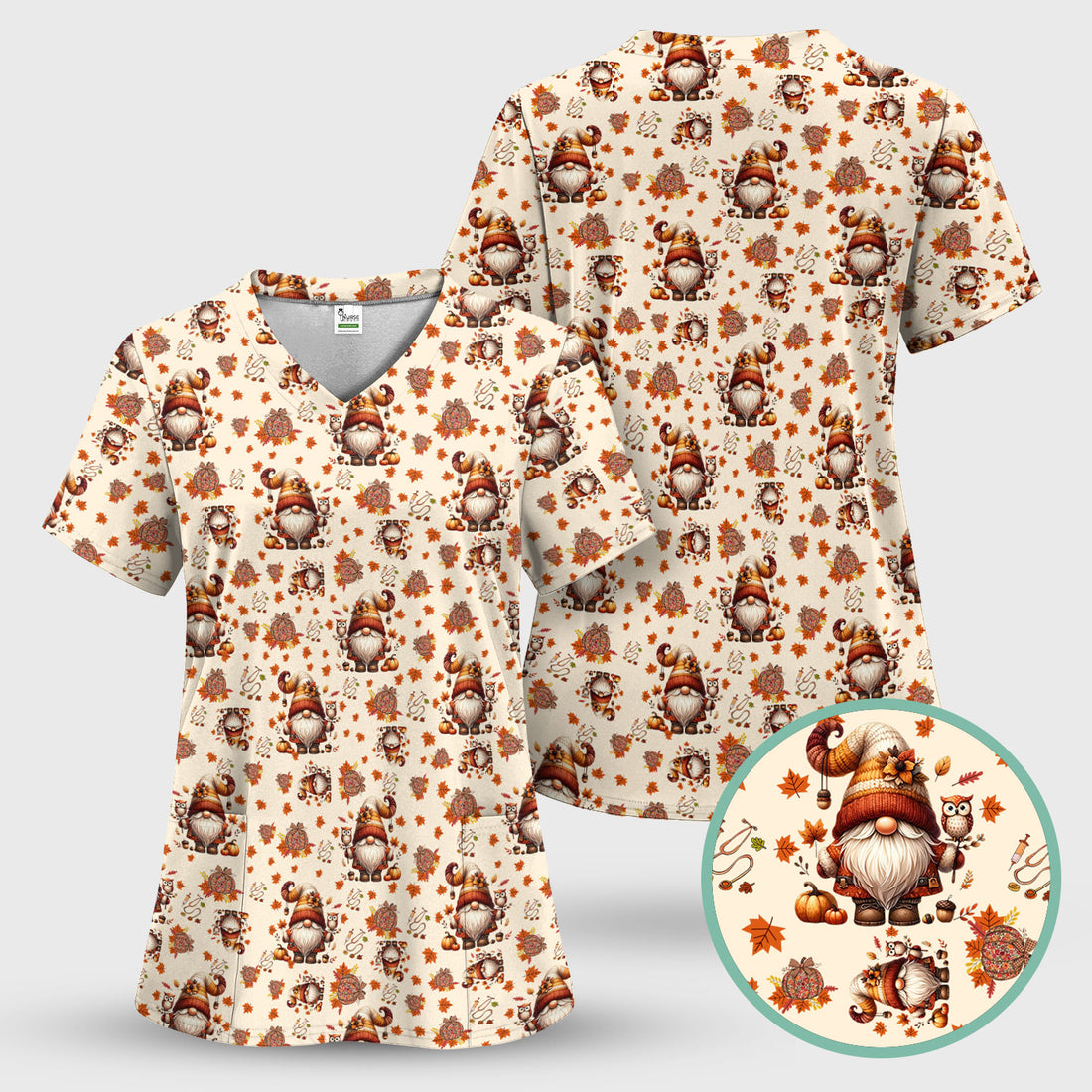 Fall Gnome Nurse Scrub Top for Women - Autumn Leaves Pumpkin Shirts - Thanksgiving Nursing Uniform Gift for RN LPN CNA