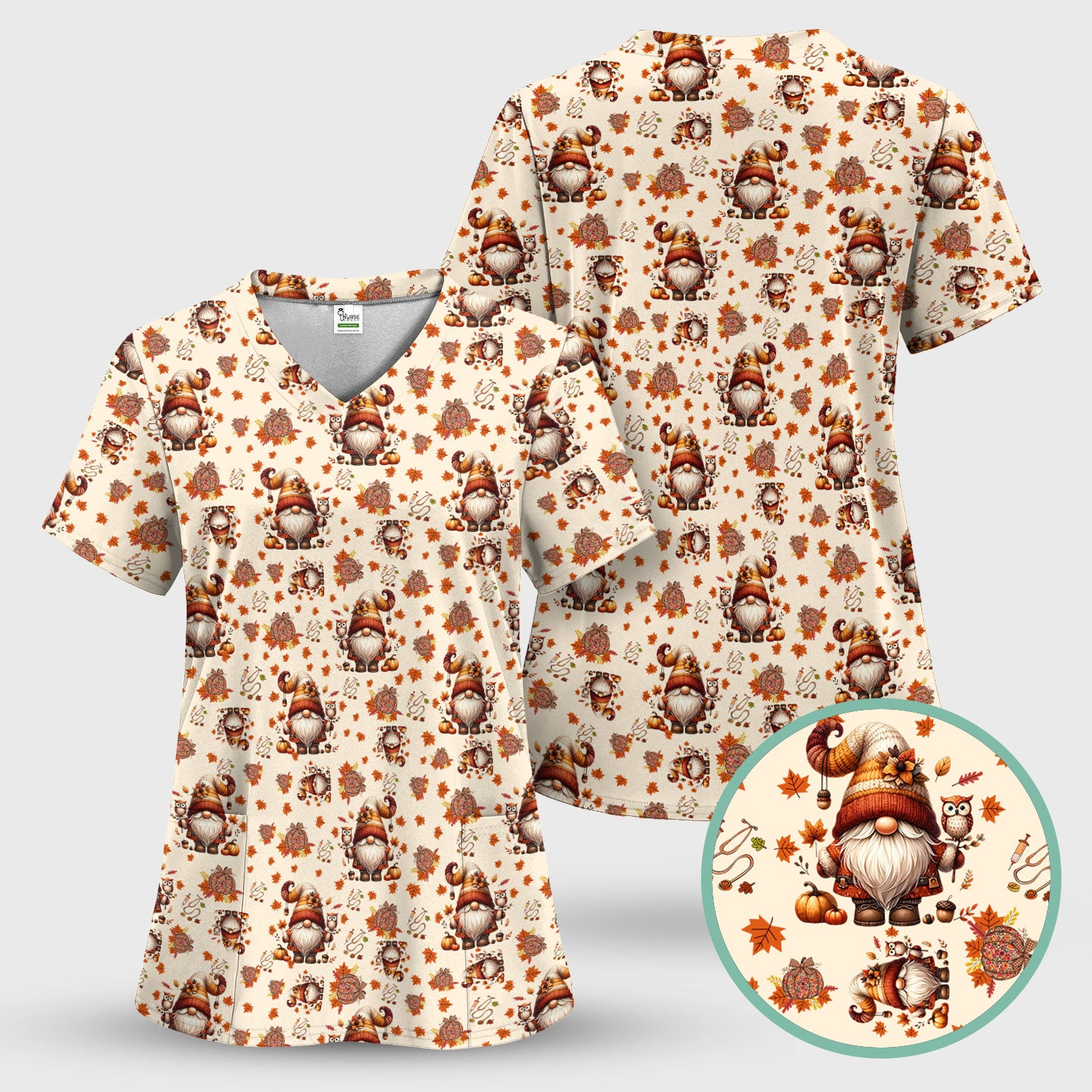 Fall Gnome Nurse Scrub Top for Women - Autumn Leaves Pumpkin Shirts - Thanksgiving Nursing Uniform Gift for RN LPN CNA
