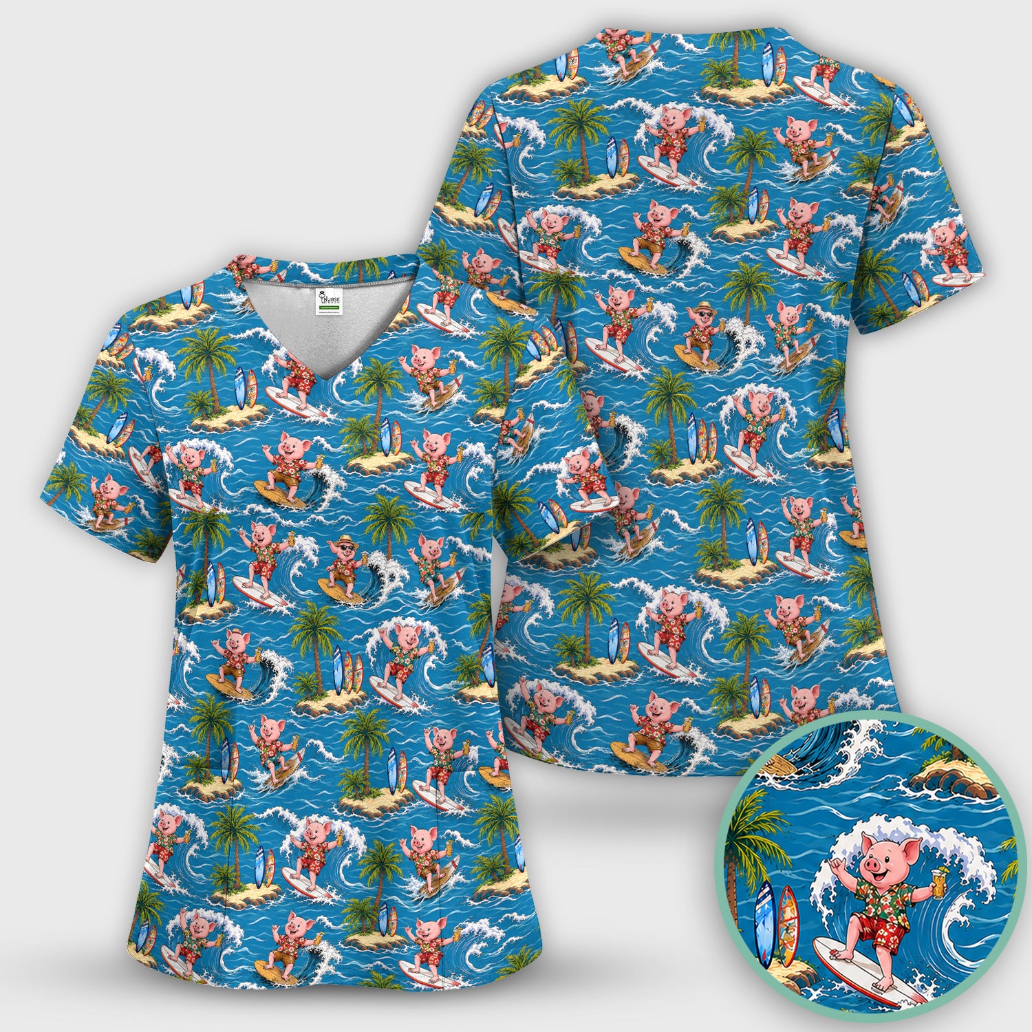Tropical Surfing Pig Island Pattern Scrub Top, Comfortable Scrubs for Nurses