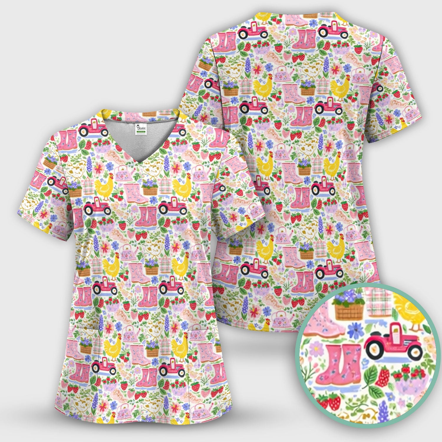 Floral Farm Boots And Chicken Pattern Scrub Top, Comfortable Scrubs for Nurses