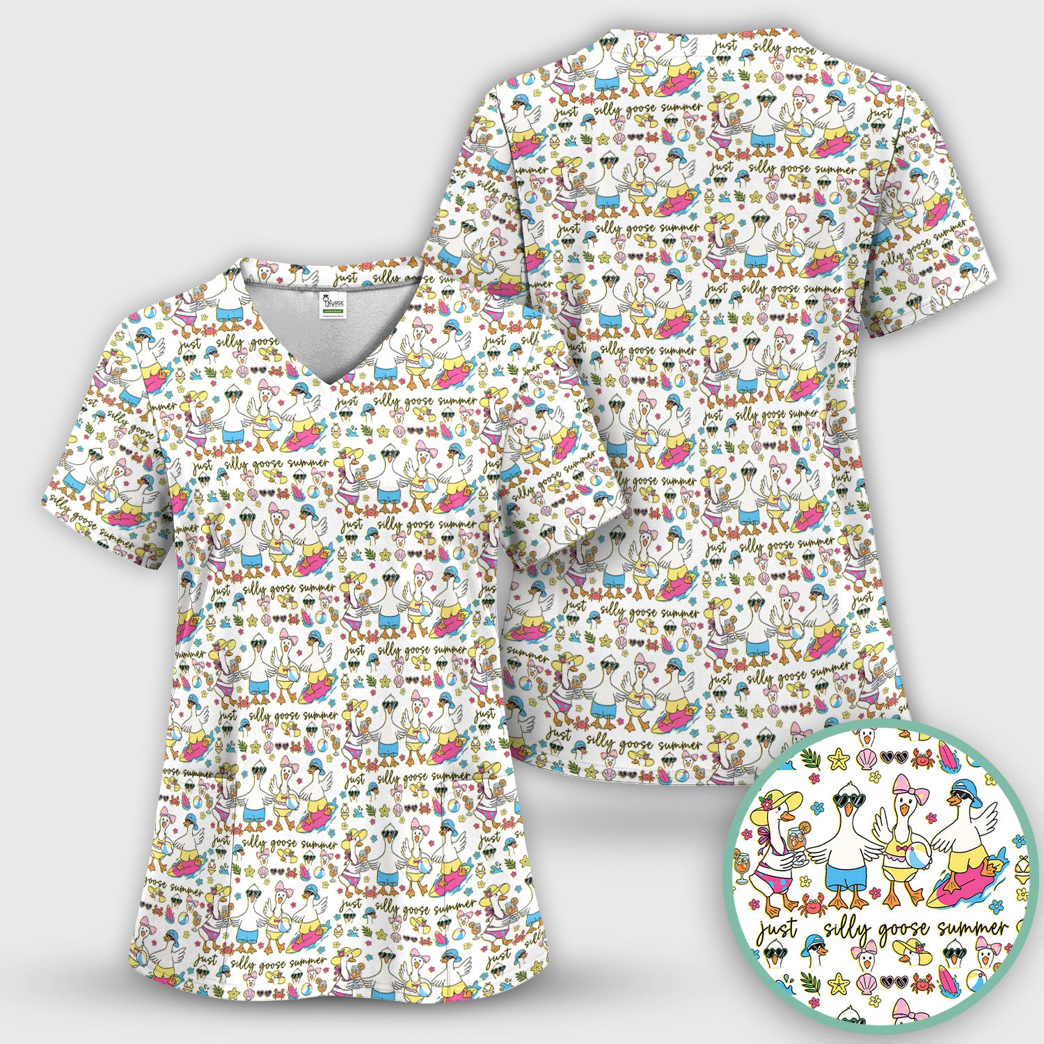 Silly Goose Summer Pattern Scrub Top, Breathable Fabrics Nursing Uniform