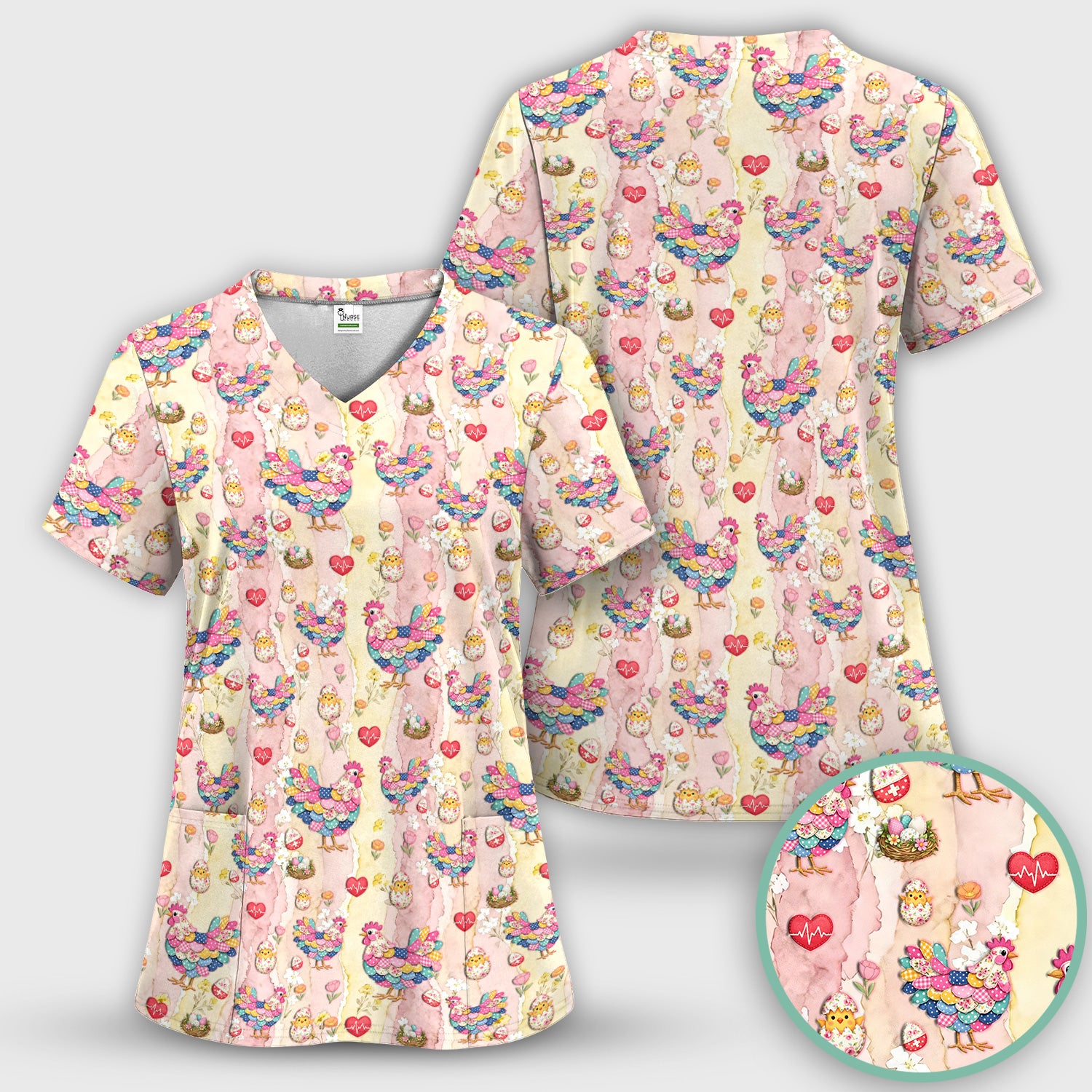 Colorful Chicken Easter Eggs Heart Pattern Scrubs Top, Breathable Fabrics Nursing Uniform