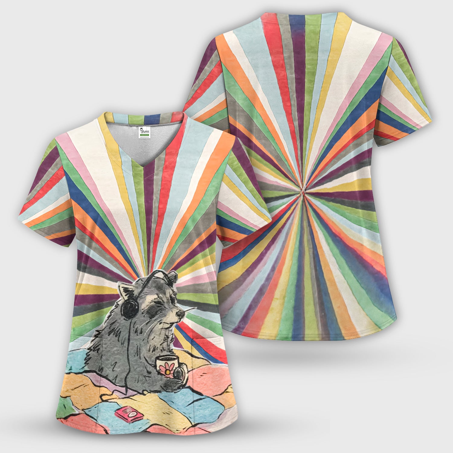 Chill Raccoon Rainbow Music Pattern Scrub Top, Comfortable Scrubs for Nurses