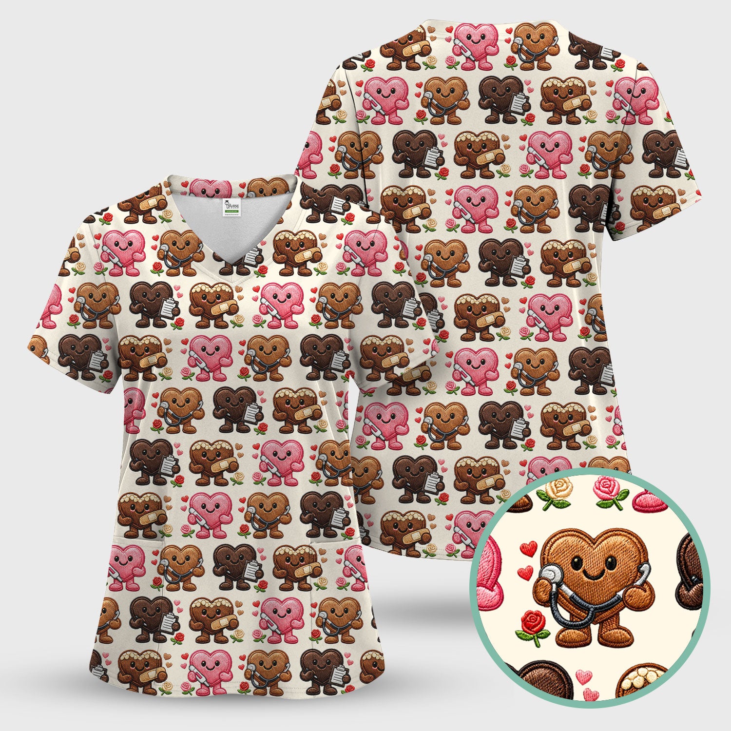 Valentine Heart Nurse Scrub Top, Cute Medical Love Pattern Shirt, Breathable Fabrics Nursing Uniform