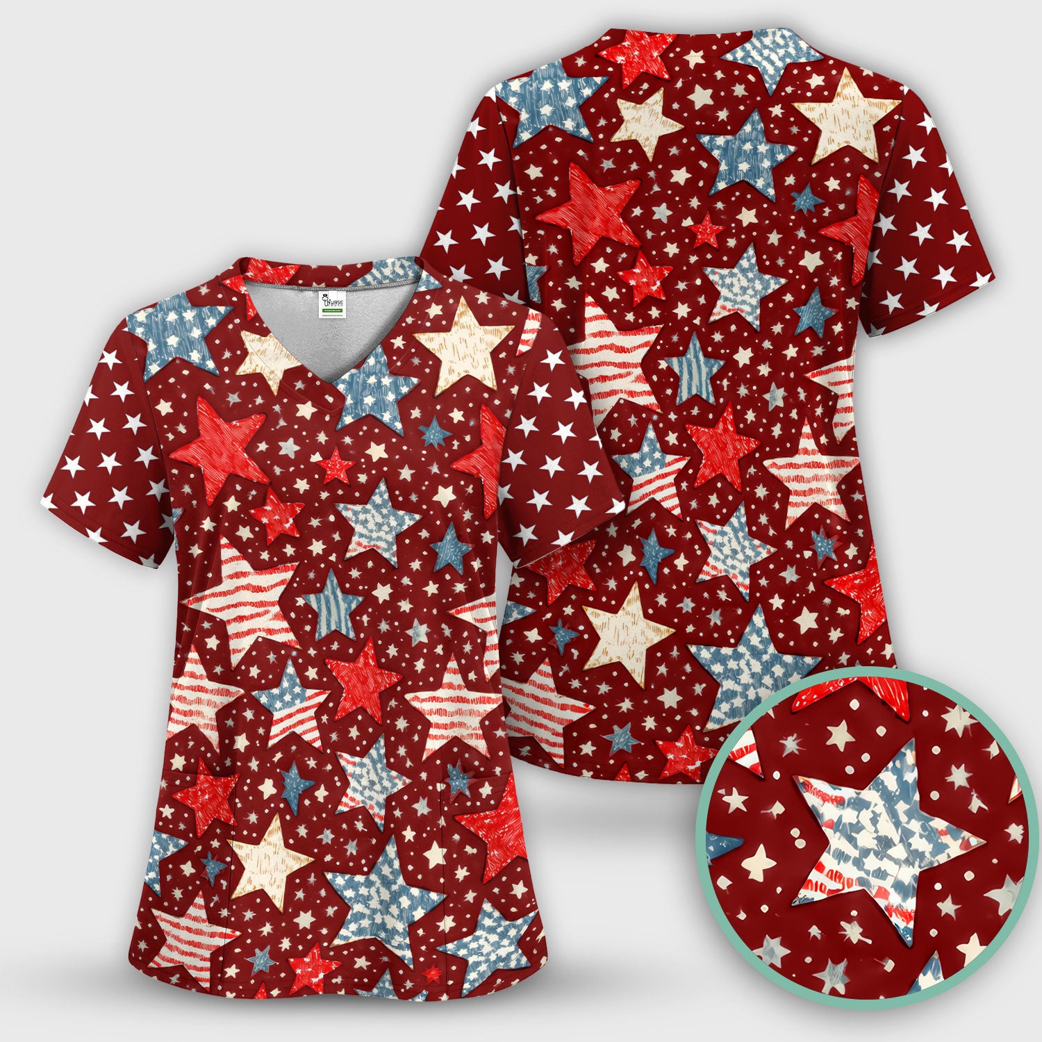 Patriotic Star Pattern Women's Scrub Set, Scrub Pants and V Neck Top